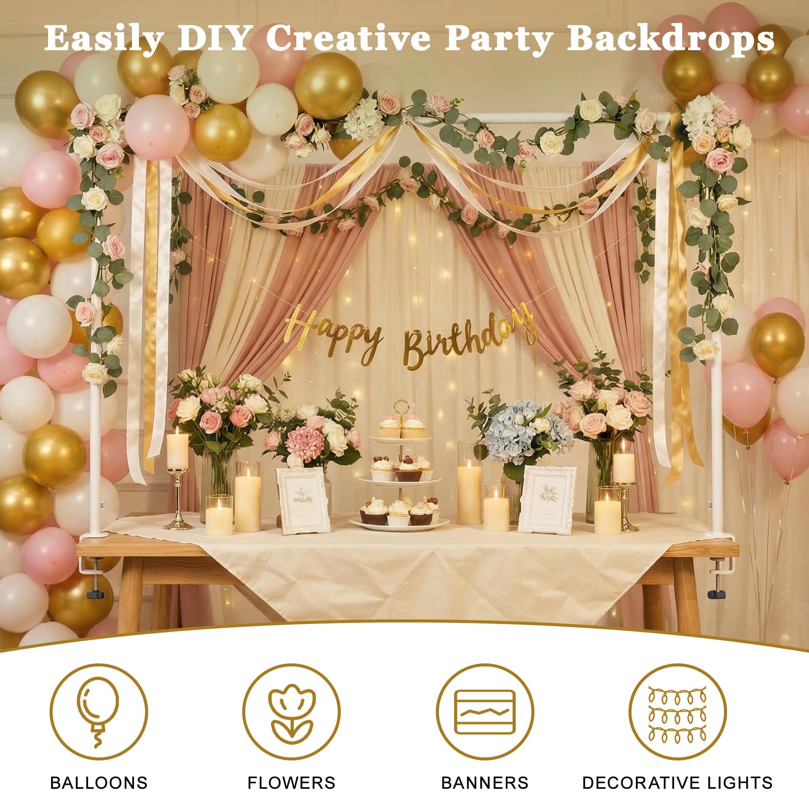 Lewondr Soporte Ajustable sobre la Mesa con Abrazaderas, Altura 87-127-167 CM, Longitud 88-287 CM, Soporte Arco de Globos de Mesa para Bodas y Cumpleaños, Blanca Decoración Colgante para Mesa