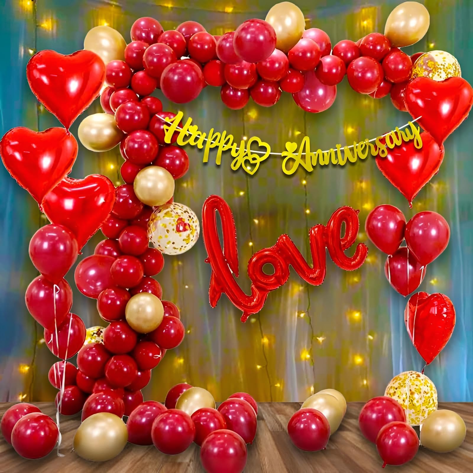 Zestaw dekoracyjny Happy Anniversary do artykułów domowych, czerwony zestaw kombi baner foliowy, metaliczne balony, balony foliowe w gwiazdki, dekoracje rocznicowe do sypialni