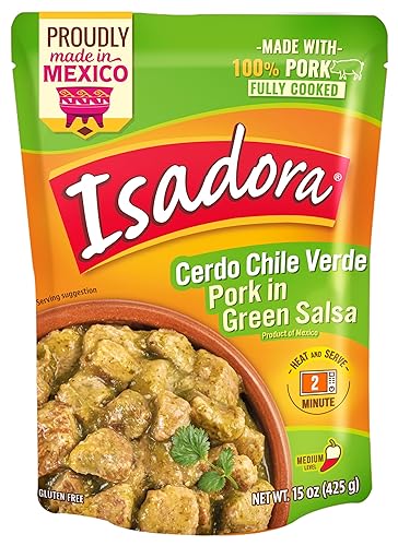 Isadora Chile Verde de cerdo totalmente cocido, bolsa de 15 onzas, comida mexicana auténtica lista para comer, cerdo en salsa verde, calor medio,