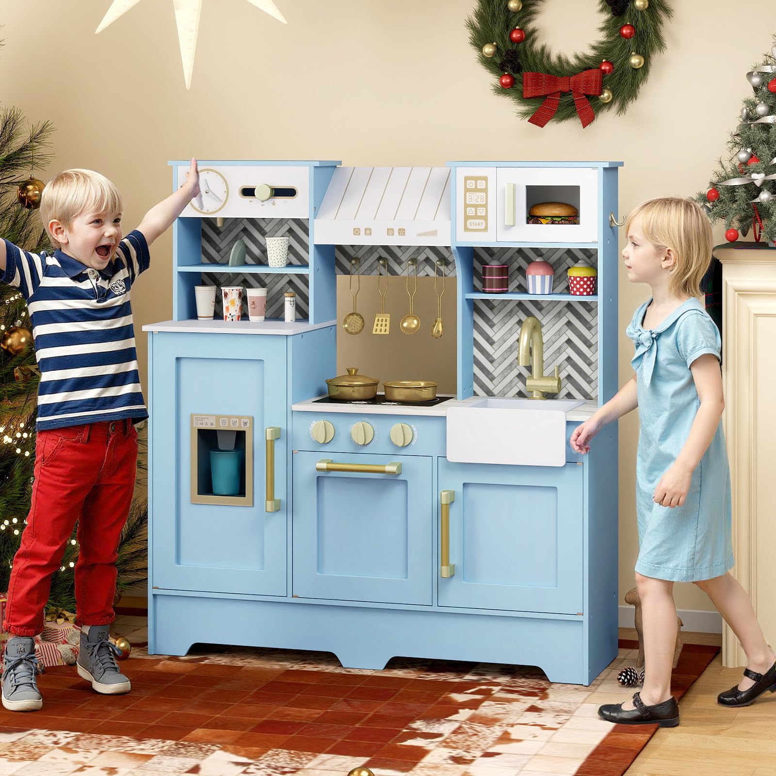 COSTWAY Kinderküche mit Zubehör, Spielküche Holz mit Herd, Wasserhahn, Spüle, Mikrowelle & Kaffeemaschine, Spielzeugküche Holz für Kinder ab 3 Jahren