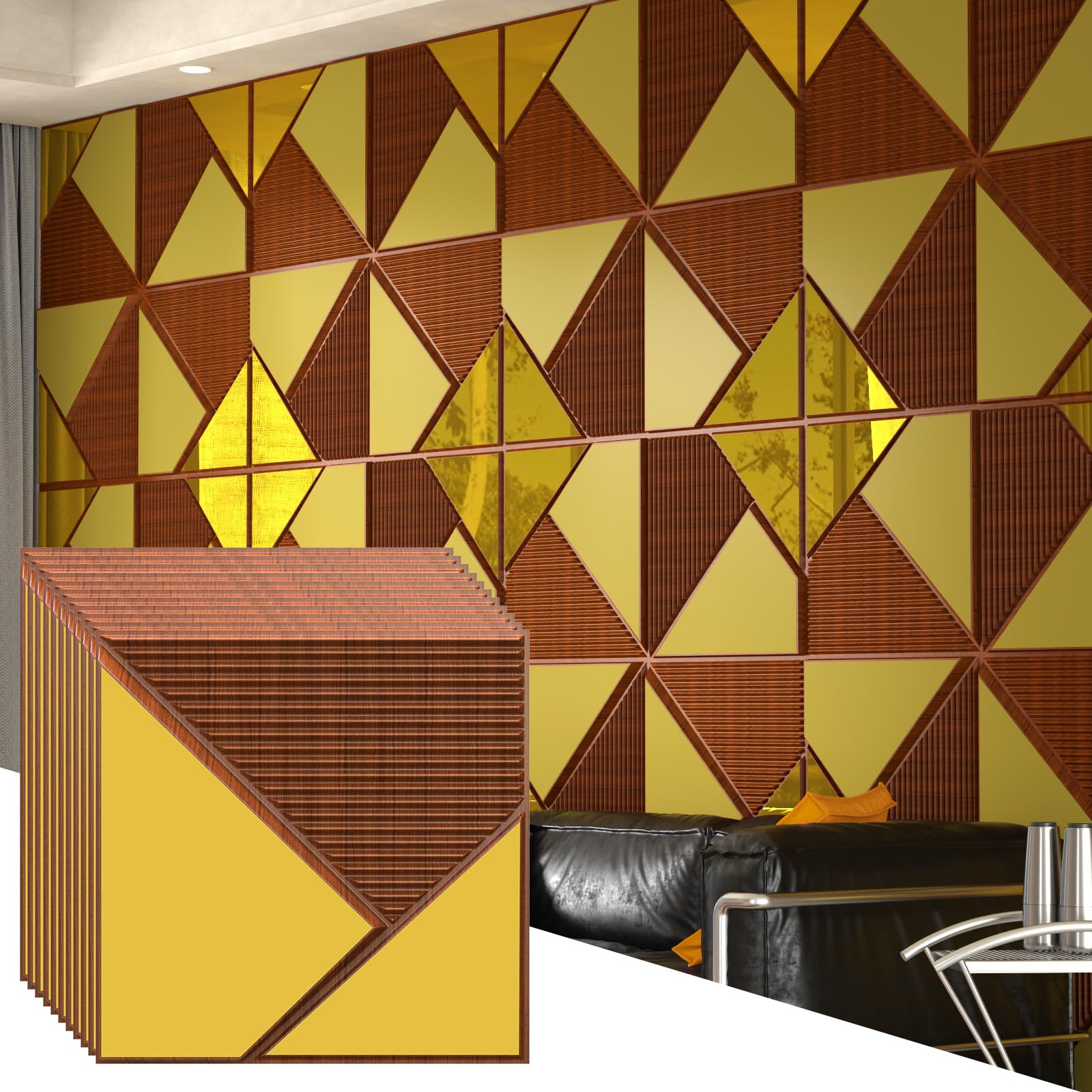 24 Pcs Golden Mirror Decorative 3D Wall Panels, 19.7" X 19.7" Bright Wall Panels for Interior Wall Decor, Ideal for Bedroom Living Room Bathroom TV Background Commercial Space Cover 64.Sq.Ft