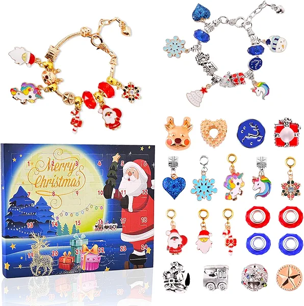 Christmas Advent Calendar Bracelet 2024 for Girls, 24 Days Jewelry Christmas Countdown Calendar, Xmas Charm Bracelets, DIY Surprise Gift with 22 Beads and 2 Bracelets for Girls Kids Teens Adult Women
