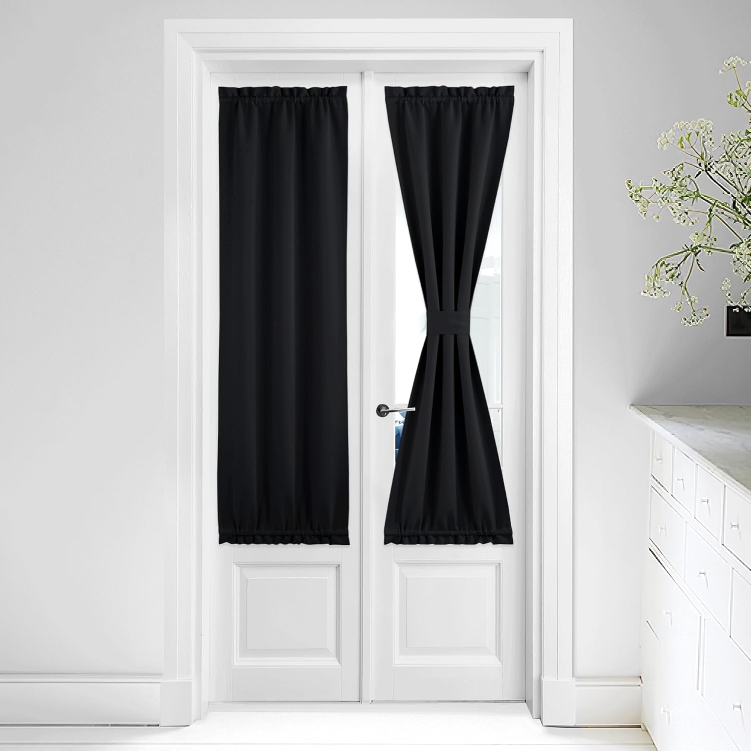 NICETOWN Black Insulated Door Blackout Curtain, French Curtain Rod Pocket Window Treatment Thermal Shade for Sliding Door with Tieback Classroom Curtains for Privacy, 25 x 64 inch, 1 Panel Black 25"W x 64"L (Pack of 1)