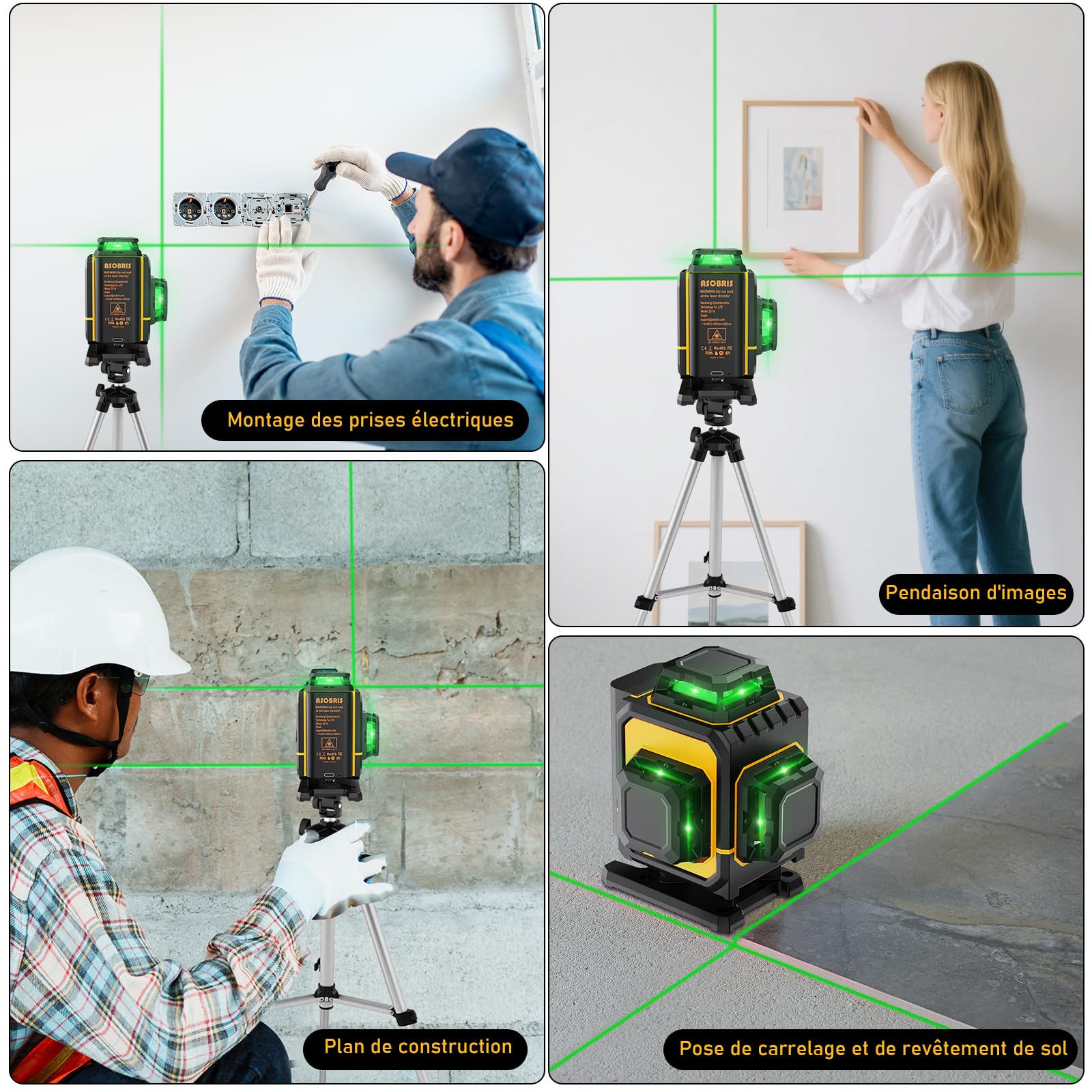 Niveau Laser avec Trepied 360° x 4,ASOBRIS 4D 16 Lignes Laser Chantier Autonivelant,Lazer Niveaux Vert Laser Exterieur,Laser Niveau 2x2400mAh Batterie,Support Rotatif Télécommande Mode Impulsion