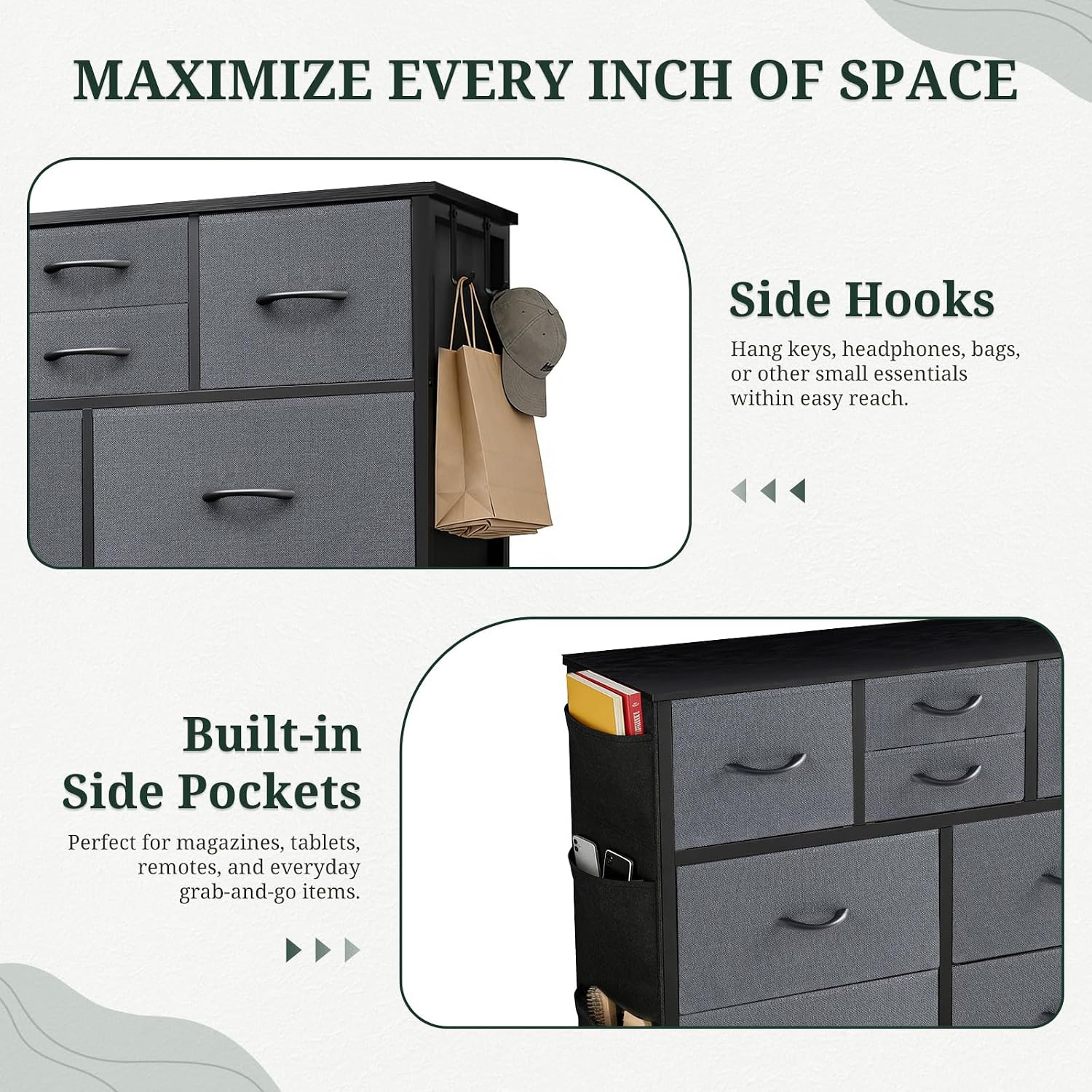 Dresser for Bedroom with Side Pockets and Hooks, 10 Drawers Storage Organizer Chest of Drawers, Sturdy Metal Frame for Living Room, Hallway, Closet, Dark Gray