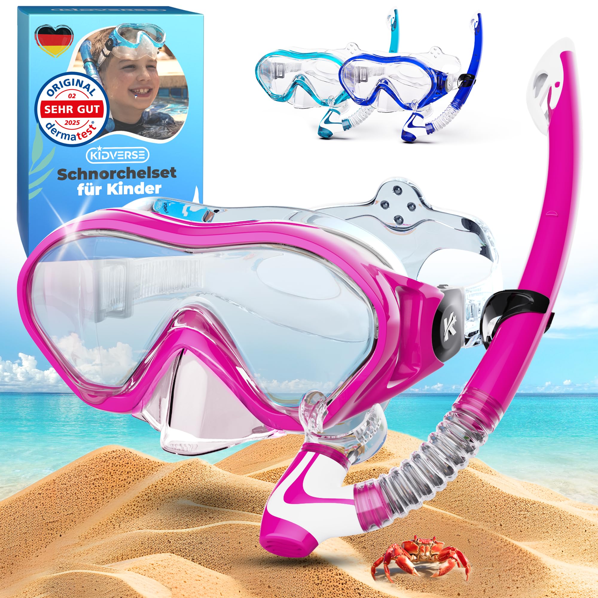 KIDVERSE Taucherbrille Kinder mit Schnorchel ab 5 Jahre - CE & Dermatest geprüfte Taucherbrille mit Schnorchel & Nase - Schnorchelset Kinder Stoffband oder Silikonband - Alternative zu Schnorchelmaske