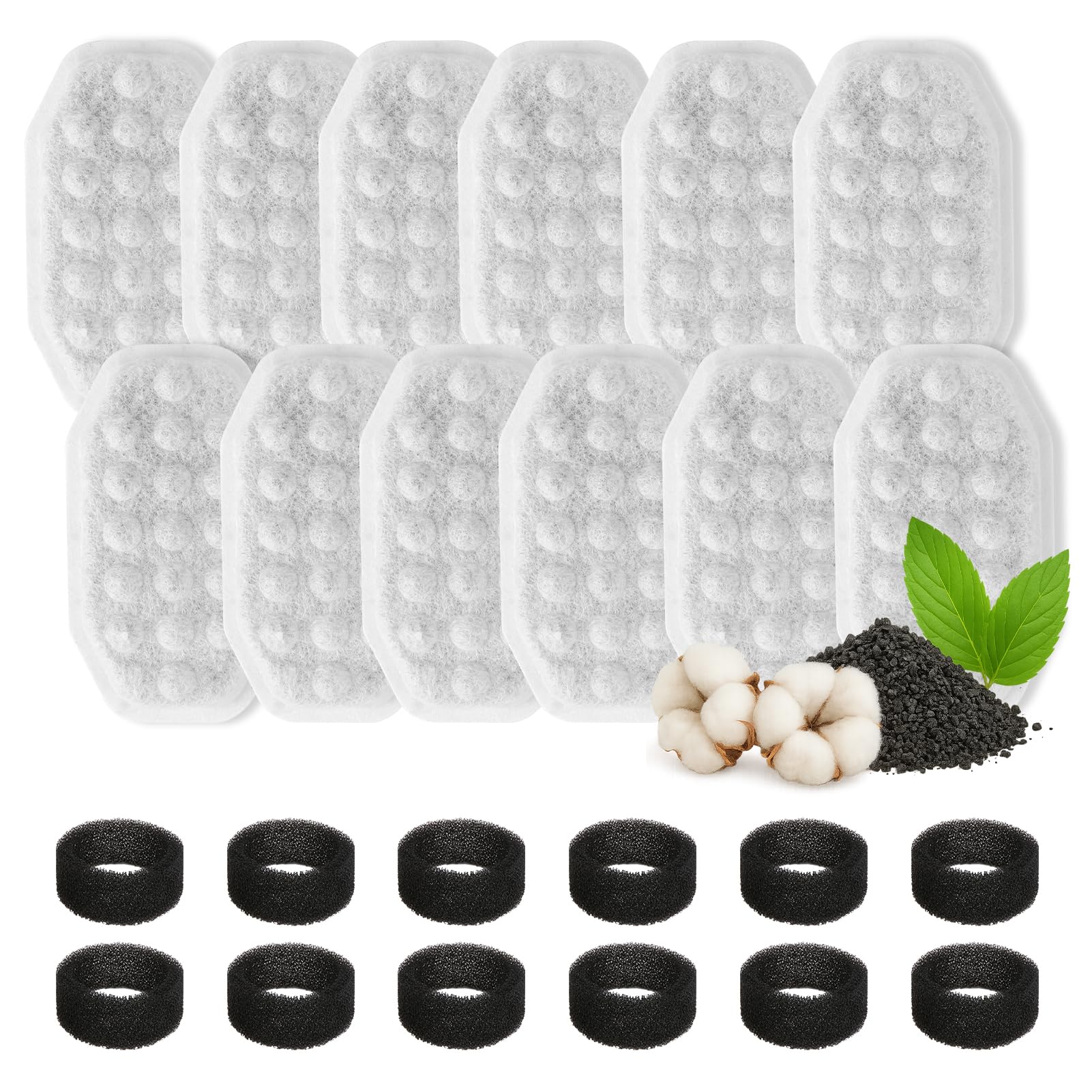 24 PCS Cat Water Fountain Filter for 108oz/3.2L Stainless Steel Dispensers – 12 Pack Replacement Filters for Pet Fountains – 12 Carbon + 12 Sponge – Improves Water Quality & Reduces Odors