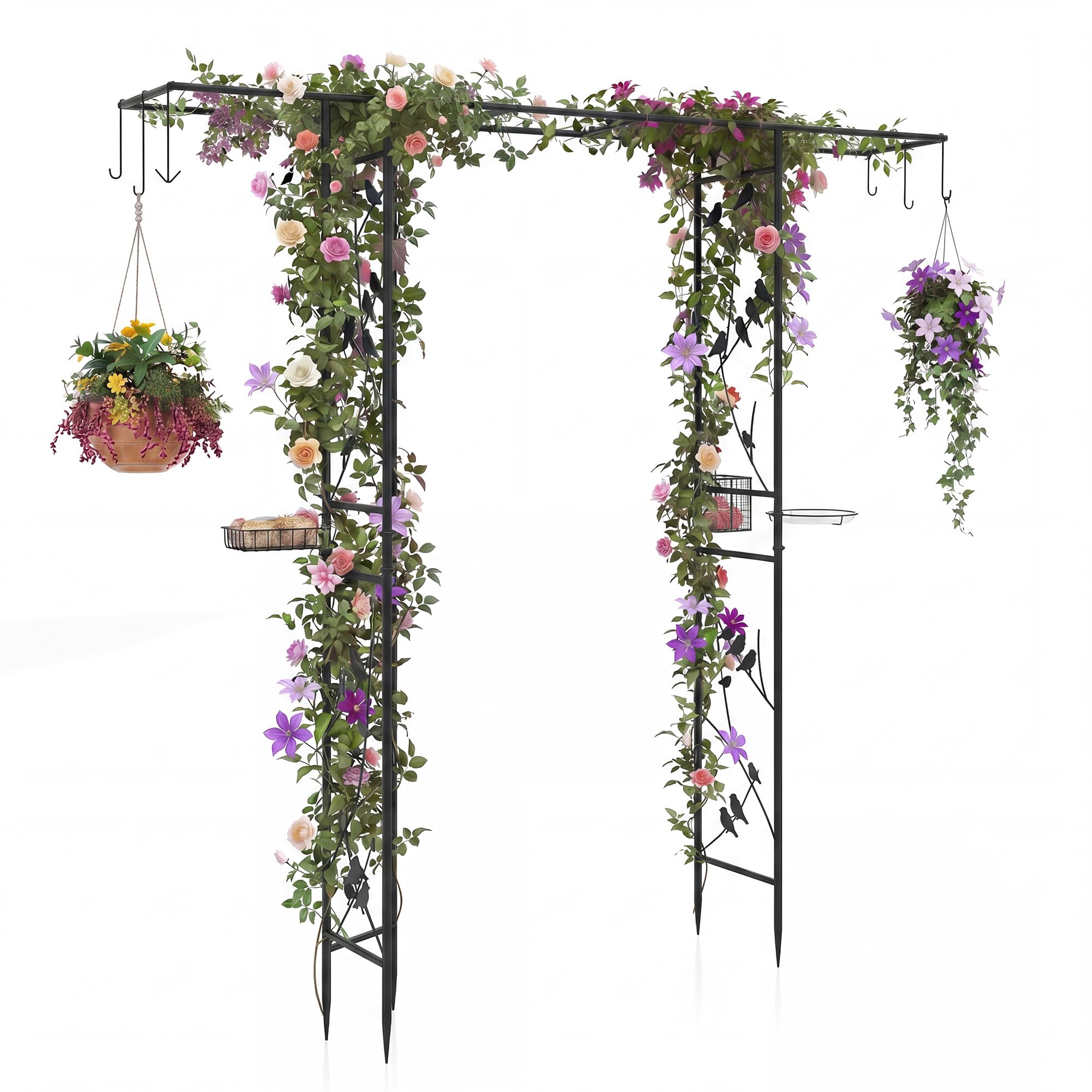 COSTWAY Mangiatoia per Uccelli da Giardino, Mangiatoia per Uccellini da Esterno con Arco per Piante Rampicanti, Vassoio a Rete e Kit di Gancio (Nero)