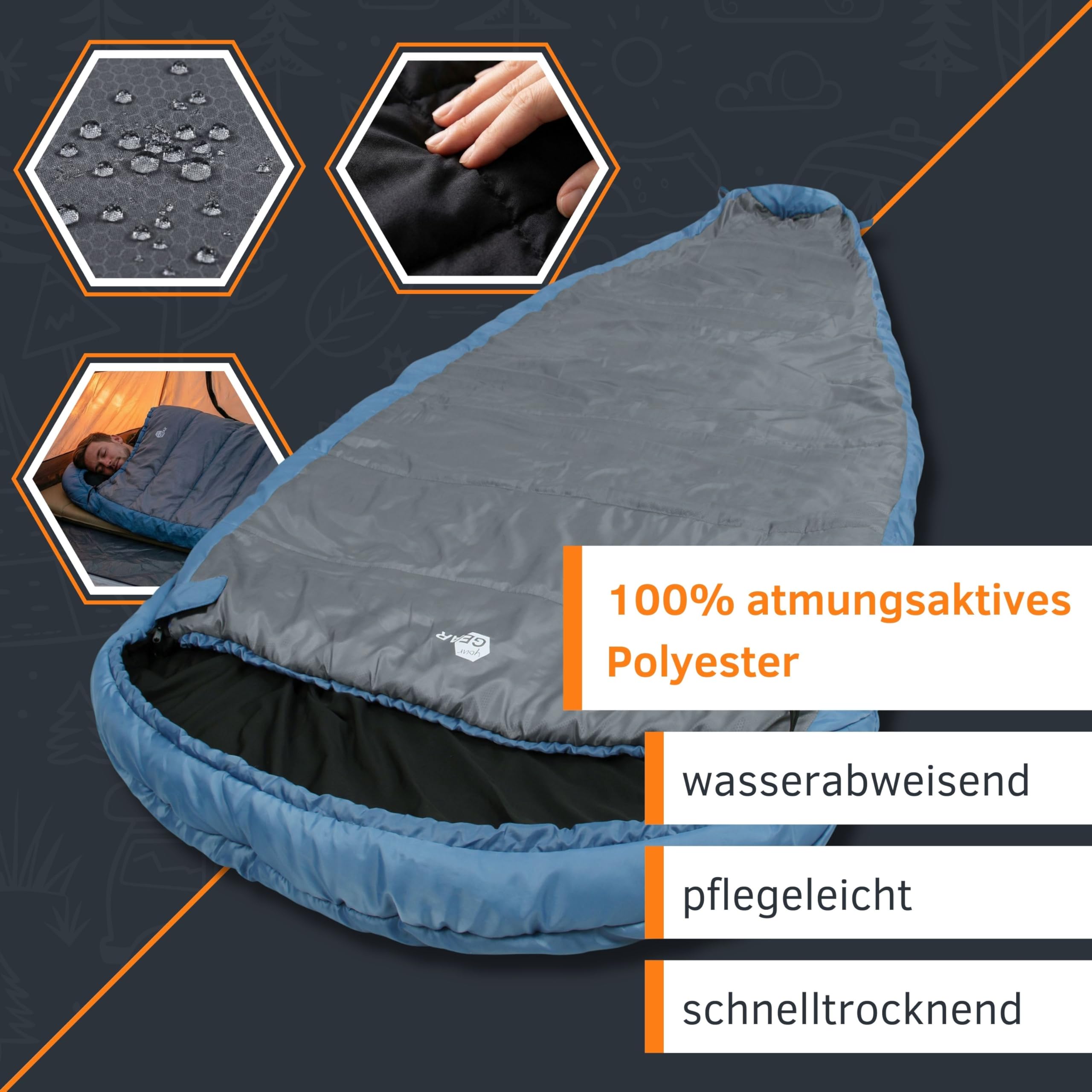 your GEAR Schlafsack Calima XXL - Extra Breiter Eiform Schlafsack 230x110 cm - Viel Platz für Seitenschläfer & Große Personen - 3 Jahreszeiten Campingschlafsack - Komfort +8 °C/Extrem -10 °C