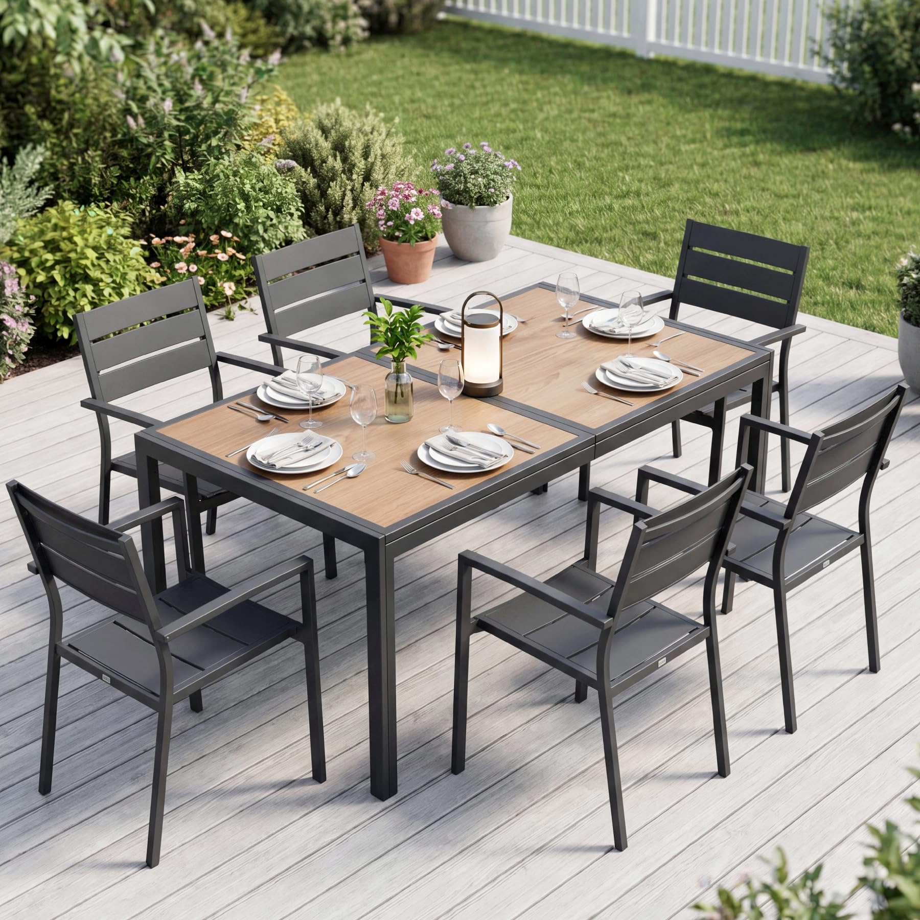 LIFERUN Gartentisch Groß, 150×80×72 cm DPC Balkontisch, Rechteckiger Terrassentisch mit Metallgestell, Rutschfester Esstisch Outdoor für 6 Personen, Anthrazit