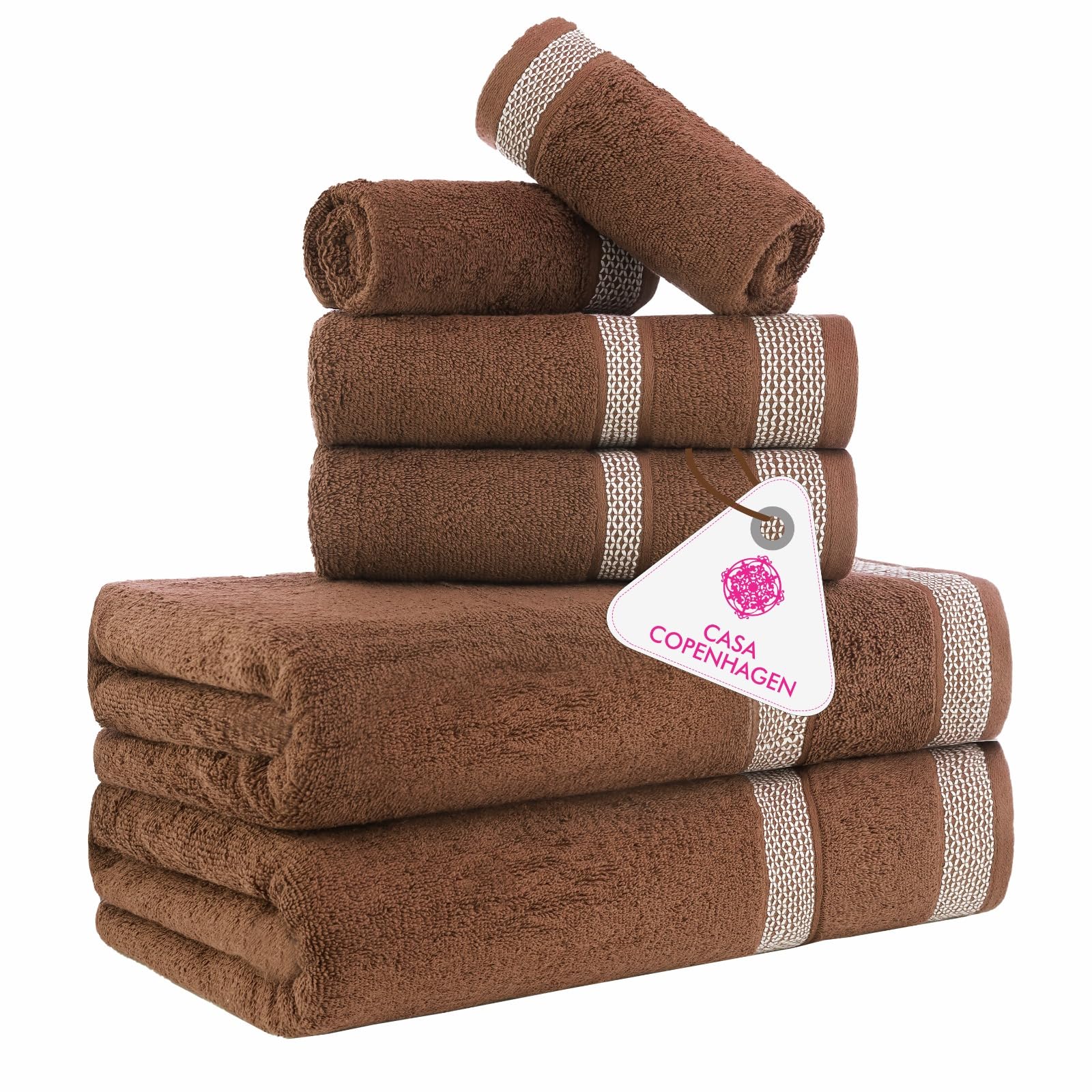 Casa Copenhagen Solitaire–Juego de Toallas de diseño de 6piezas,100% algodón Egipcio-MARRÓN,600g/m²,2toallas de baño,2toallas de Mano,2toallitas faciales–Set Regalo para Mujeres y Hombres