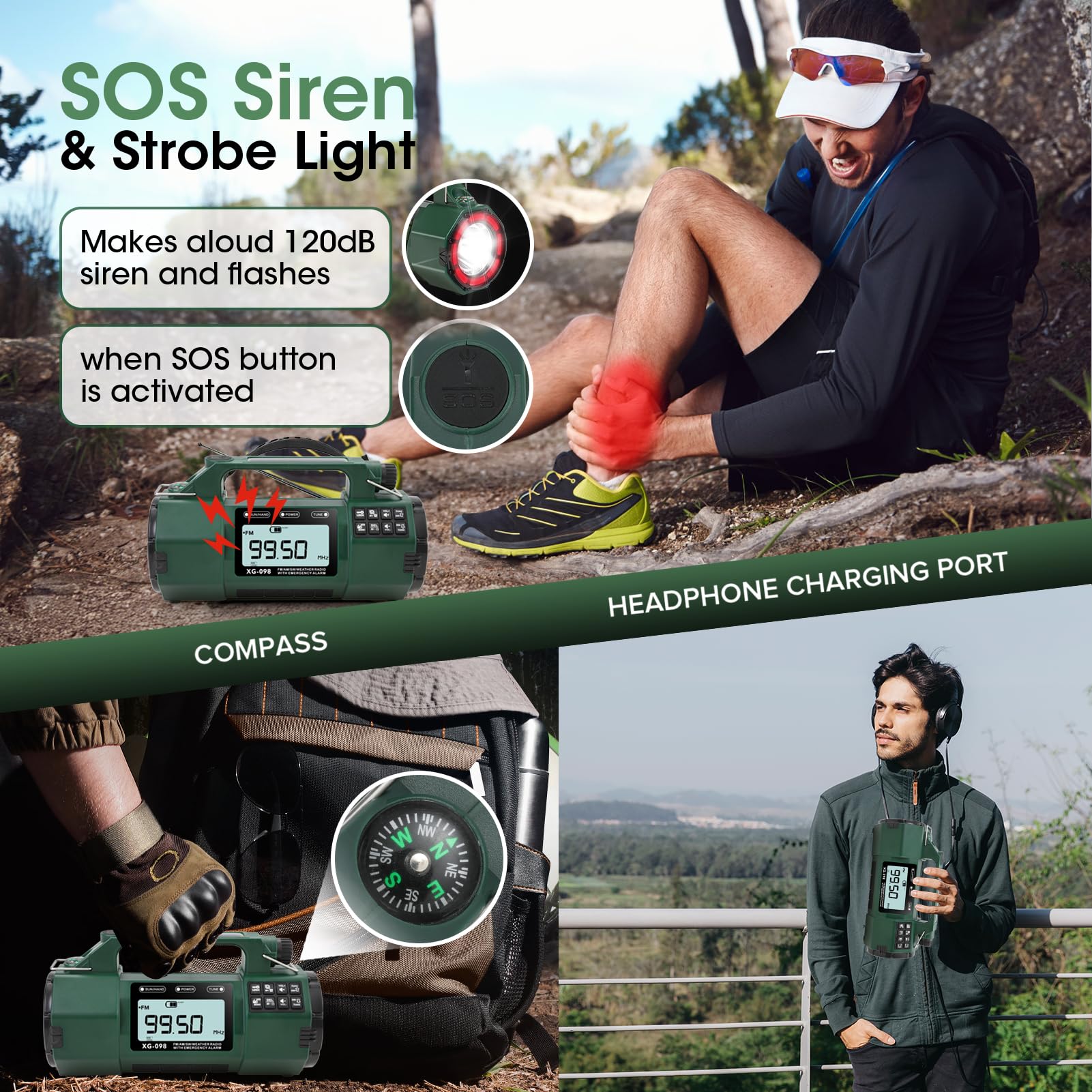 Radio météo d'urgence, batterie remplaçable 5000 mAh, radio solaire à manivelle avec alerte AM/FM/SW/NOAA, réveil, minuteur, boussole, chargeur de téléphone portable, prise casque, lampe de poche et