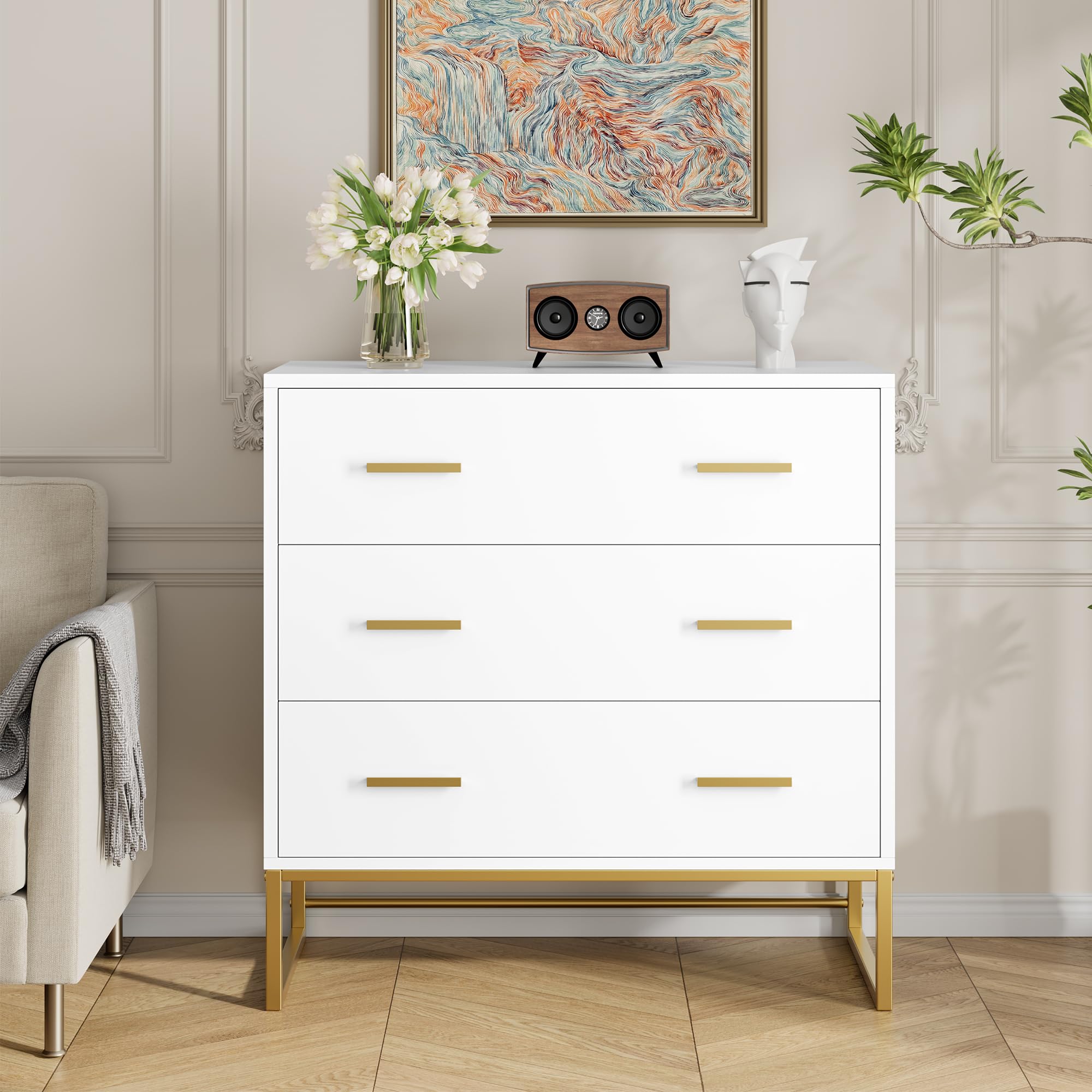Amazon.com: FOTOSOK White Dresser with 3 Drawers, White Gold Dresser with  Metal Handle and Frame, 3 Drawer Dresser Small Dresser for Home Office,  31.4L x 15.3W x 31.8H : Home & Kitchen