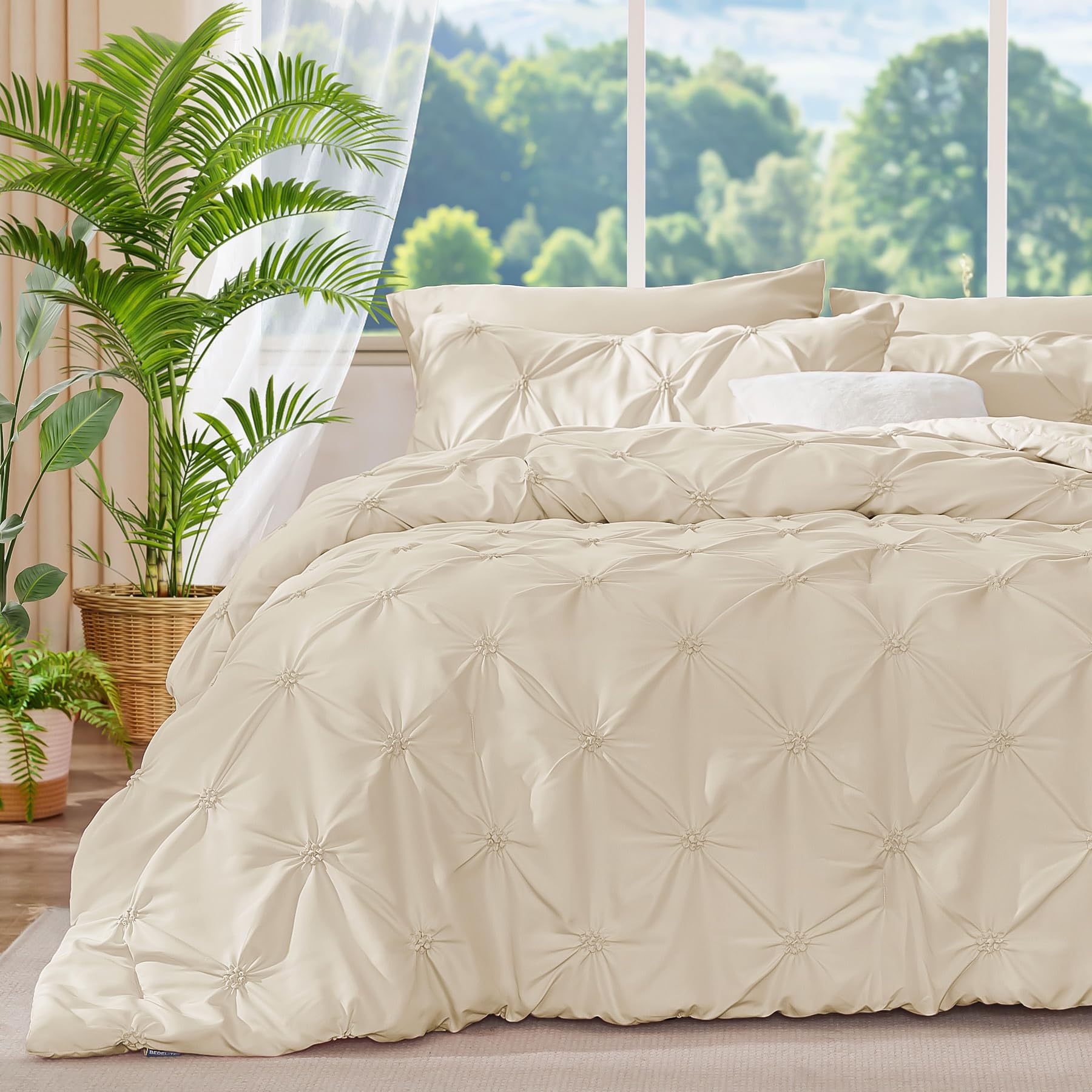 bedelite beige queen comforter set - 3 pieces boho pintuck bedding comforter sets, lightweight soft & warm bed comforter queen with 2 pillowcases for all season