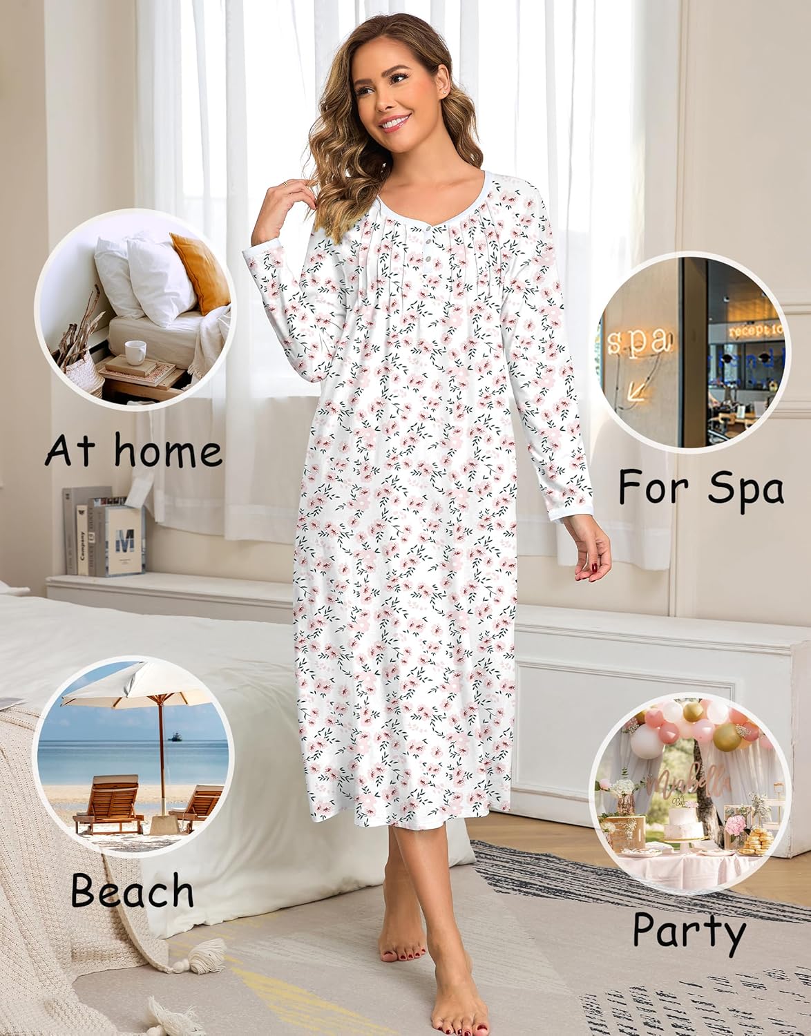 IZZY + TOBY Women's Long Sleeve Nightgown Full Length Sleepwear Long Sleepshirts Henley Sleep Dress M-3XL - Image 4