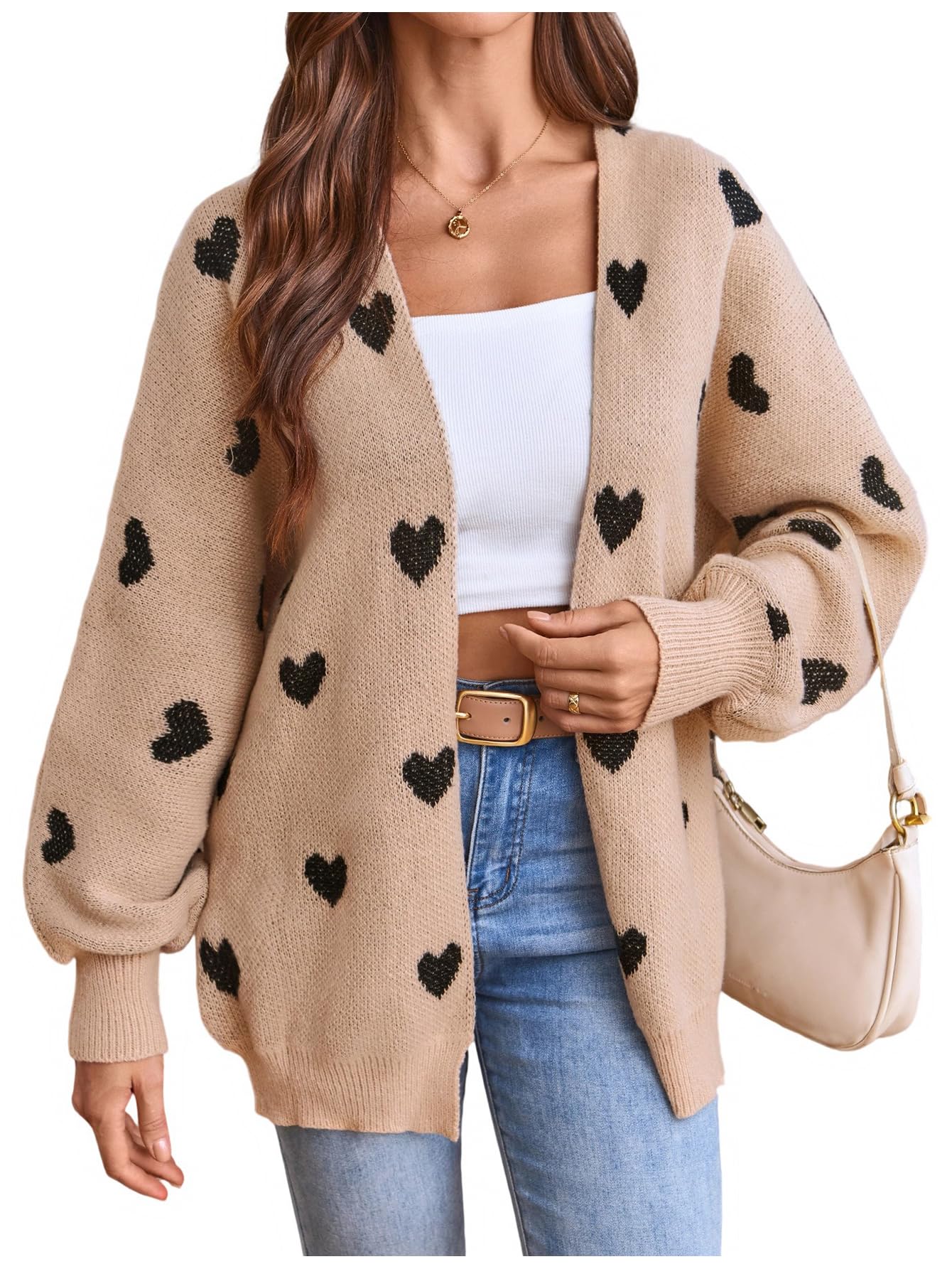 Womens Open Front Heart Print Cardigan Sweater Shawl Collar Long Sleeve Drop Shoulder Sweaters Knit Tops