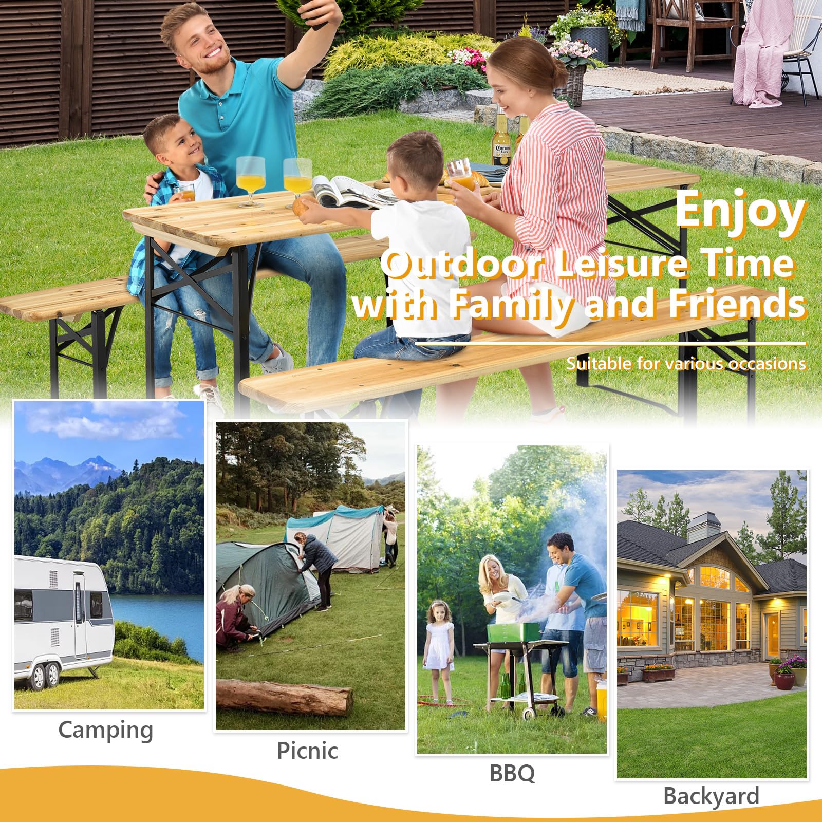 KOMFOTTEU Tavolo da campeggio con sedie, pieghevole, con 1 tavolo da birra e 2 panche, tavolo da picnic pieghevole e salvaspazio, set da giardino, 176 x 46 x 76 cm, portatile per esterni, campeggio