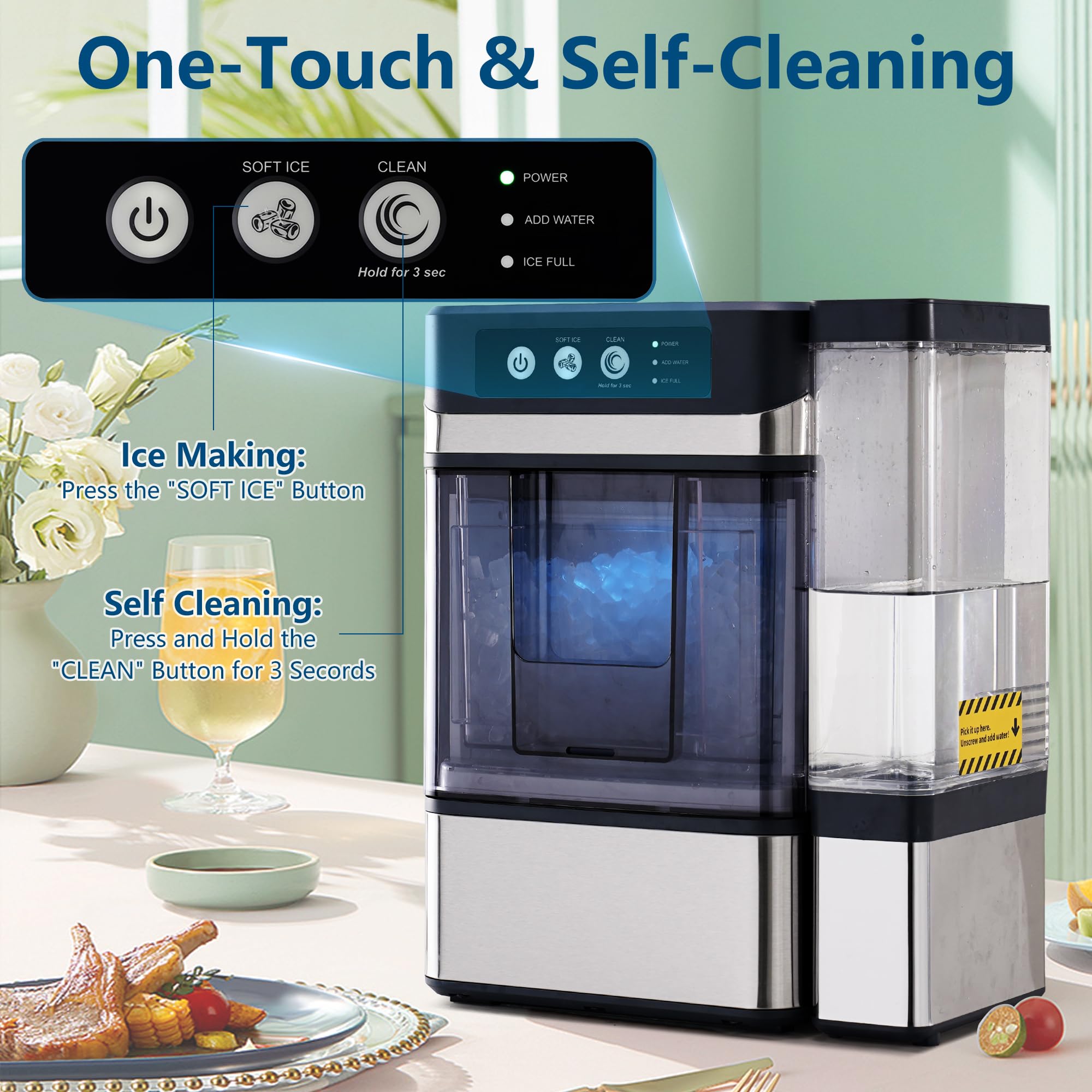 Condition photo showing New/Like New for nugget ice maker countertop 41 lbs/24h, chewable nugget ice machine with side water tank, ready in 6 mins, self-cleaning pellet ice machine,stainless steel for home, office, party,camping