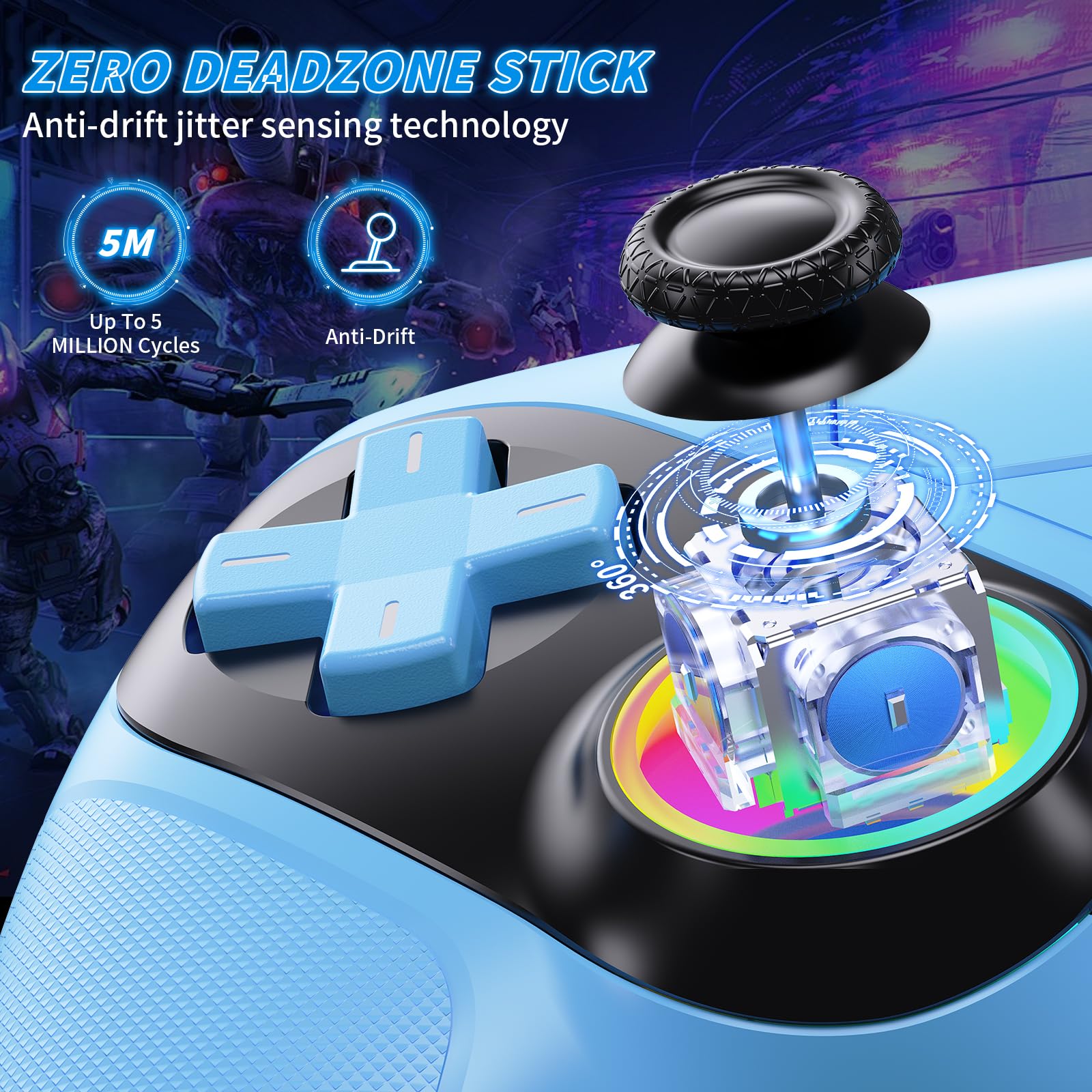 Gamrombo RGB Wireless Controller for PS5/Pro/Slim & PC, Bluetooth Gamepad with Back Buttons, Touchpad, Macro, Turbo, Dual Vibration, 6-Axis Sensor, 3.5mm Audio Jack, Speaker - Blue - 5