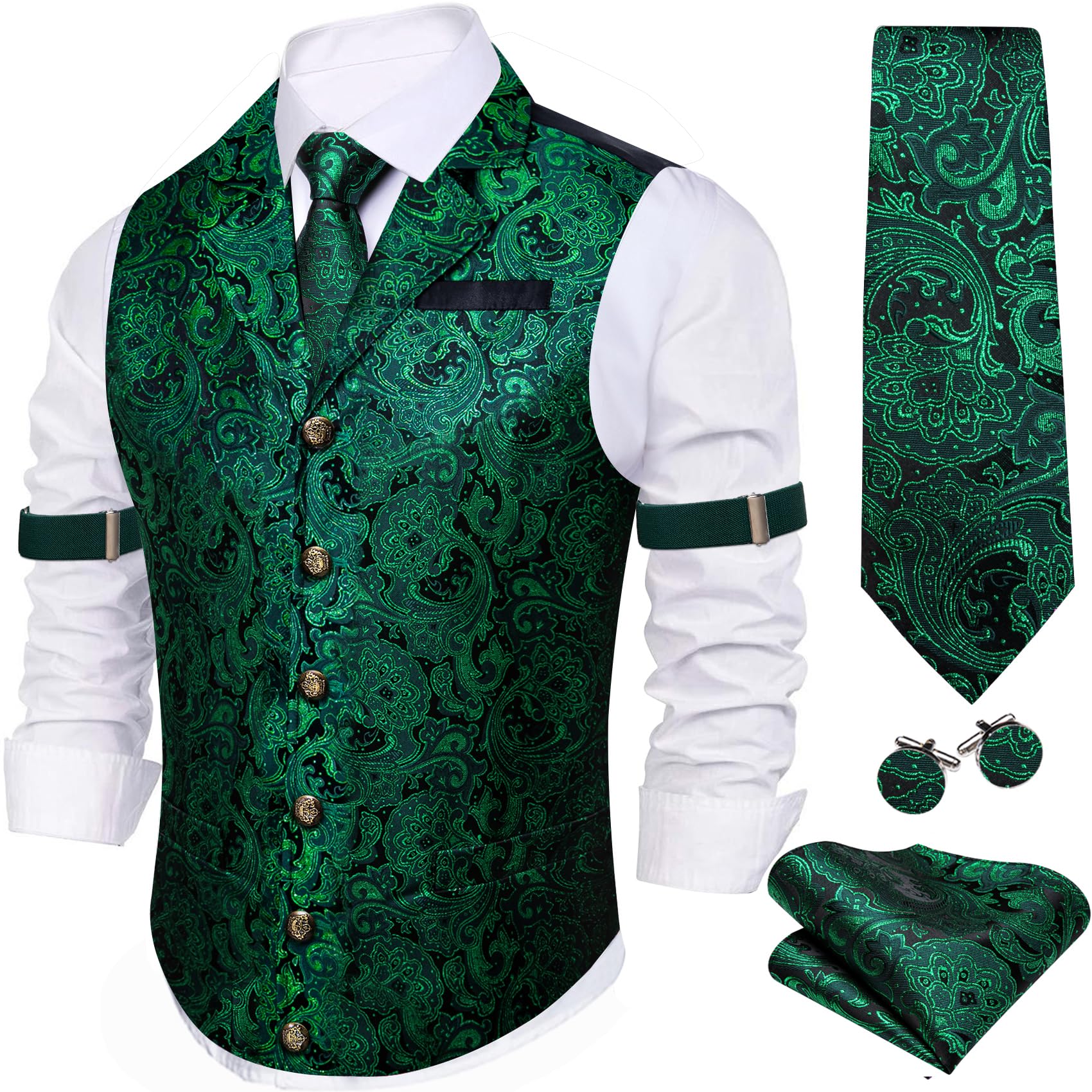 Barry.Wang Mens Silk Paisley/Floral Suit Vest Tie Sleeve Holder Set 5PCS