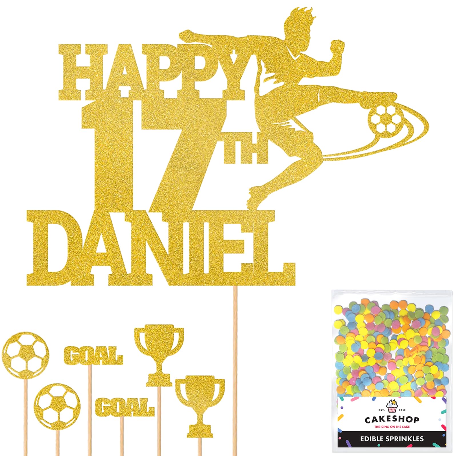 Personalised Birthday Football Footballer Cake Topper- Gold Any Name & Age Glitter Cake Decoration and Sprinkles - Happy Birthday Decorations - Personalised Toppers for Cakes by Cakeshop