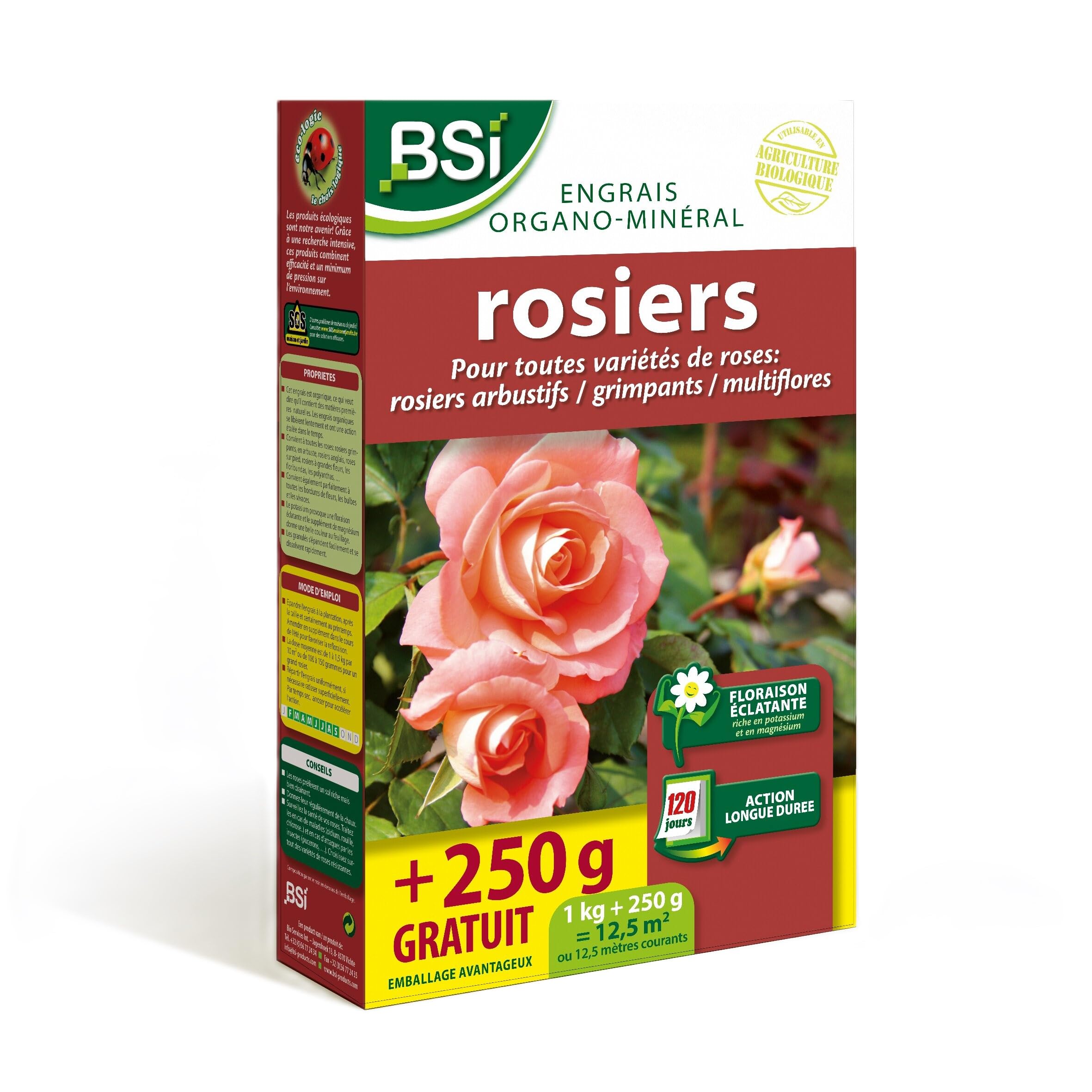 BSI - Engrais - Rosiers - Bio - Organo-Minéral - Pour Toutes Les Sortes De Rosiers - Floraison Éclatante - Action Longue Durée - 1Kg + 250g Gratuit - Jusqu'à 12,5 m² - UAB, Aucune