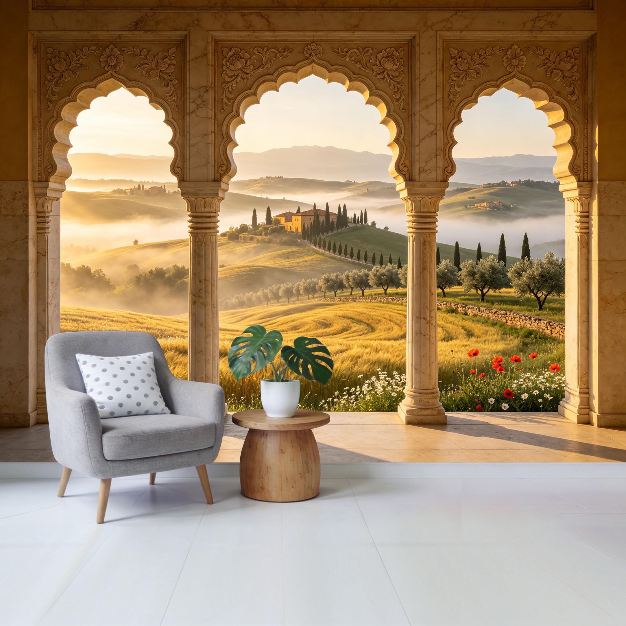 Custom Size Wall Mural Tuscan Countryside Landscape Archway View Golden Sunrise Removable Self Adhesive Fabric Home Wall Decor for Living Room Bedroom Bathroom