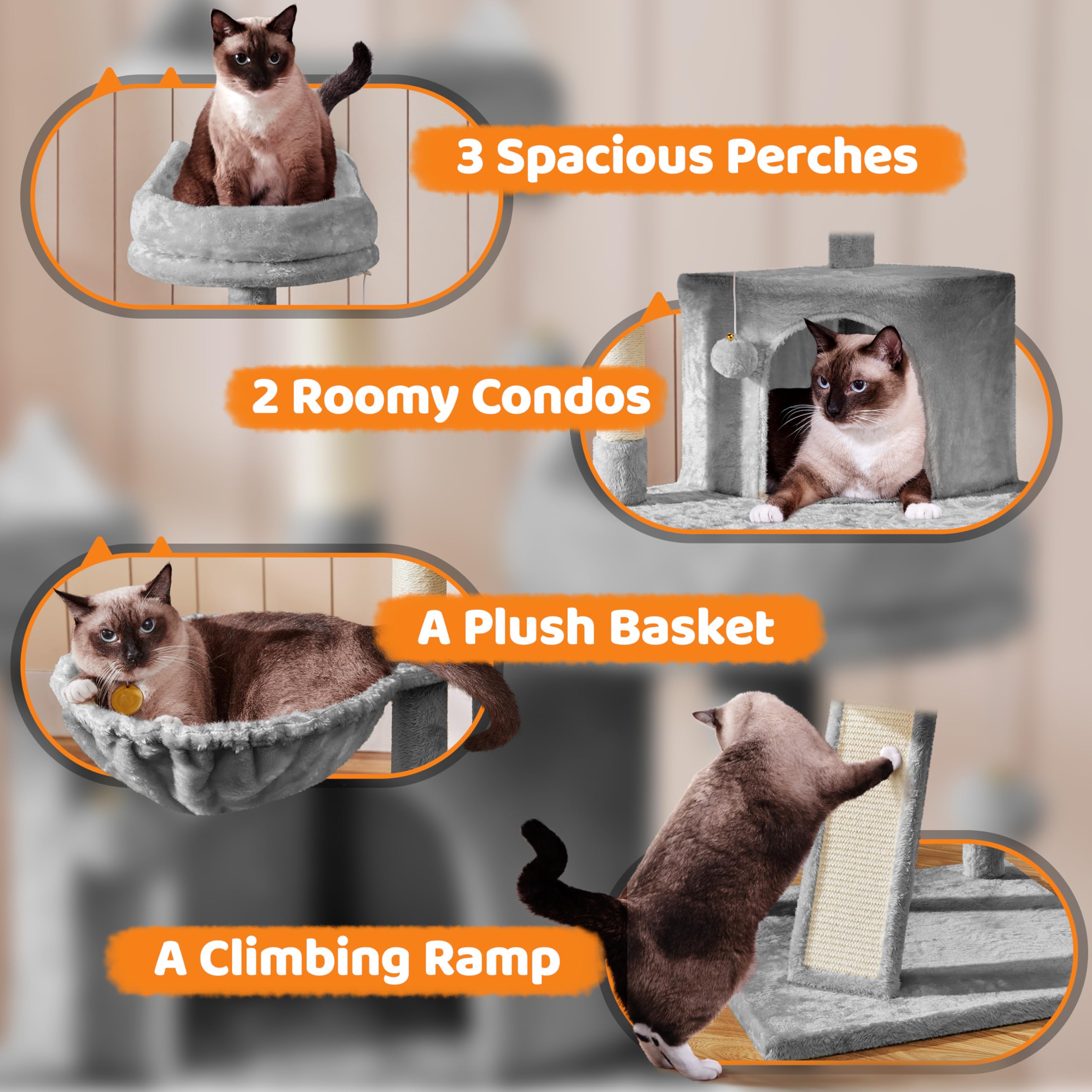 Yaheetech Árbol Rascador para 3-5 Gatos Adultos de Altura 175 cm Grande Torre para Gatos Mascota con 3 Plaraformas Gris Claro