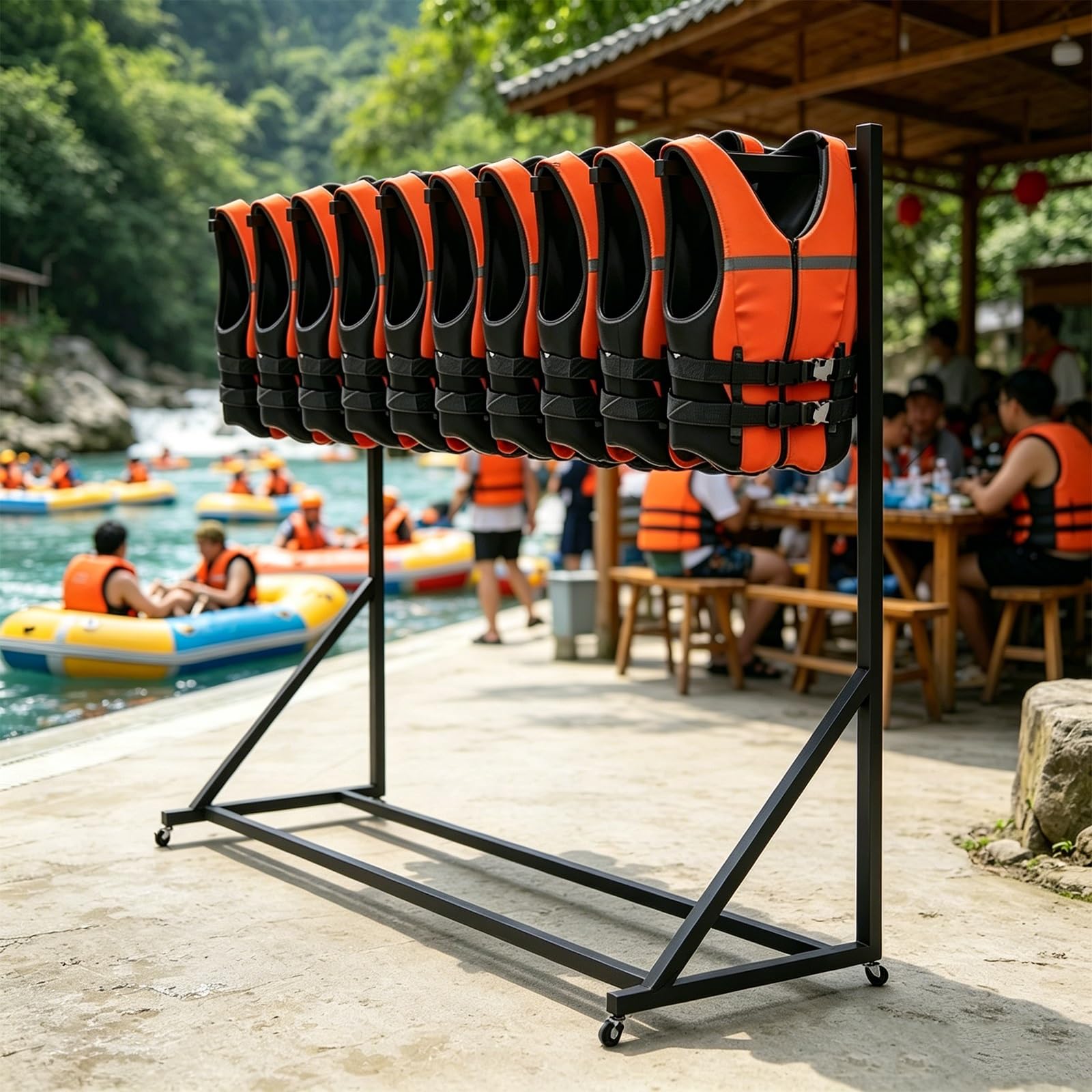 Heavy-Duty Life Vest Holder, Pool Equipment Life Jacket Storage Rack with Swivel Wheels, Pool Towel Hanger Outdoor, Dock Organizer Drying Rack(Single-tier)