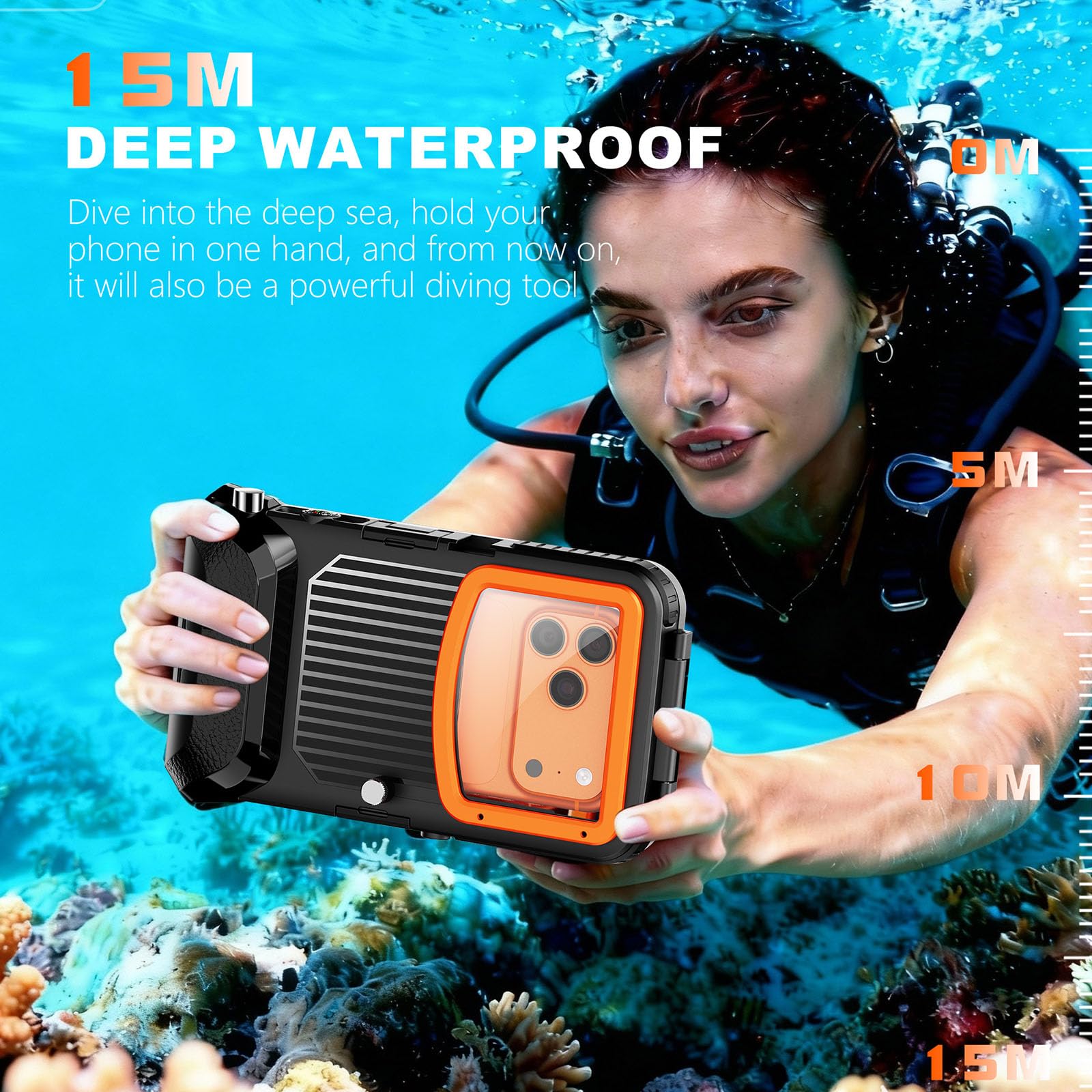 Funda de teléfono de color brillante con cierre reforzado y protección contra líquidos que garantiza una acción segura bajo el agua de 50 pies durante actividades marinas buceando