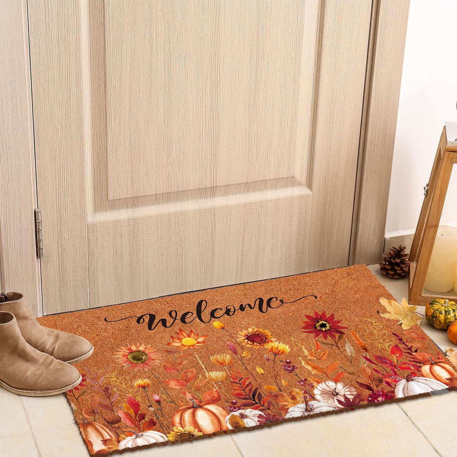Capoda Fall Welcome Doormat Fall Coir Door Mat Autumn Decorative Floor Mat Wildflower Pumpkin Front Door Rugs Autumn Welcome Doormat for Thanksgiving Indoor Outdoor Entrance Porch Decor 17 x 29 Inch