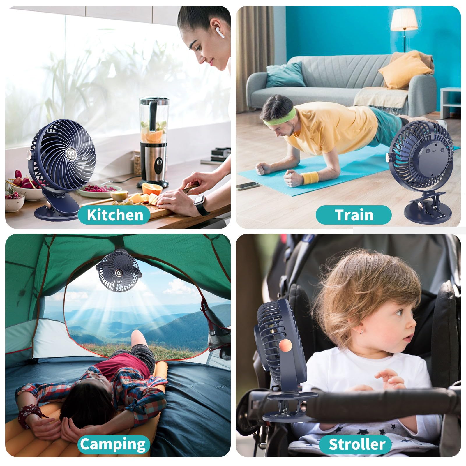 Ventilatore da Tavolo, Mini Ventilatore USB con Display LCD, 5 Velocità 720° Rotante, 6000mAh Piccolo Ventilatore Portatile Ricaricabile, Ventilatore Clip per Ufficio Casa Campeggio Viaggio(Blu)