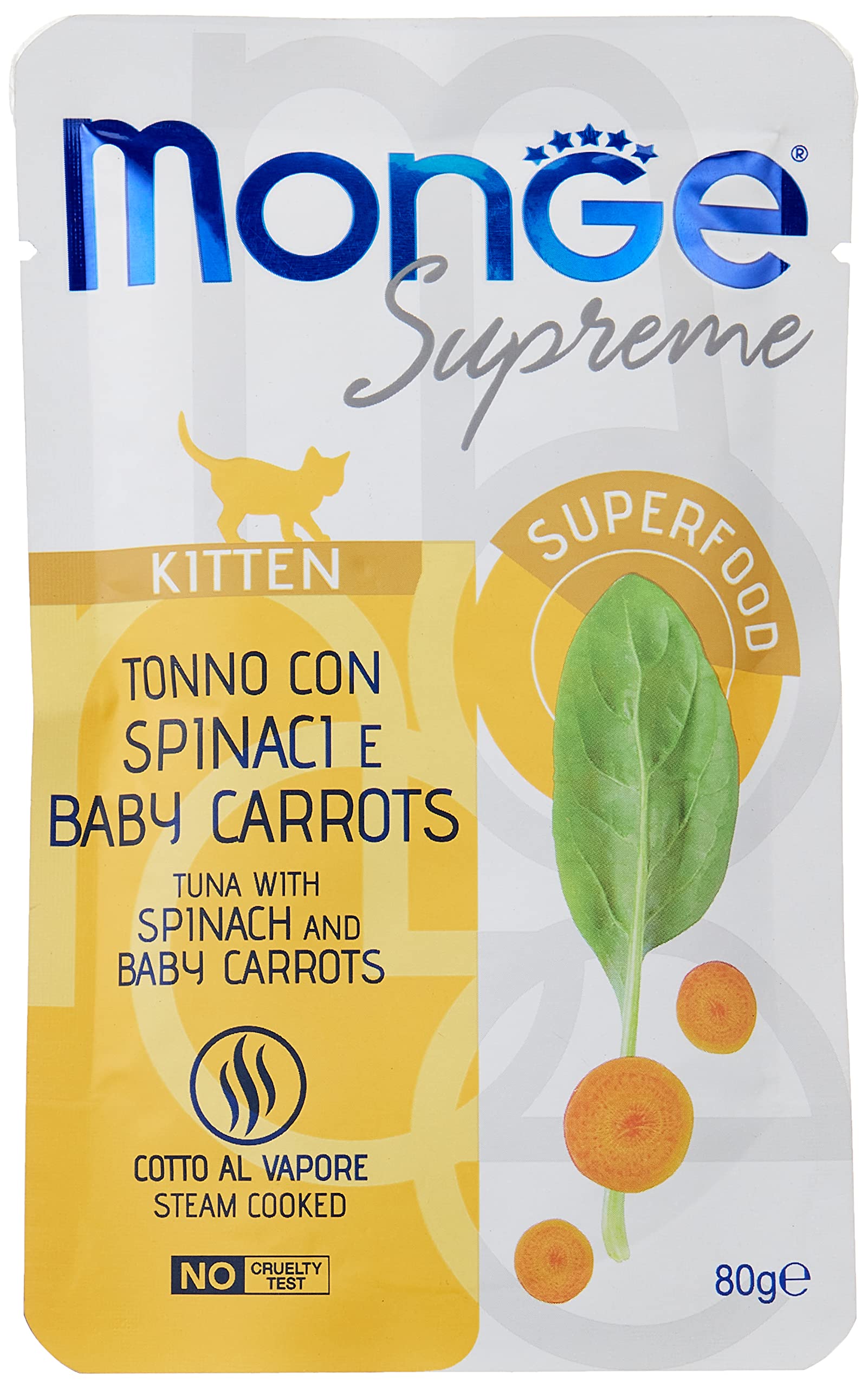 Monge Supreme Kitten Tuna with Spinach and Baby Carrots, Comida húmeda para Gatos (Comida para Gatos Hecha de atún con Espinacas y Zanahorias bebé, alimento húmedo sin Cereales, Bien digerible, 80 g)