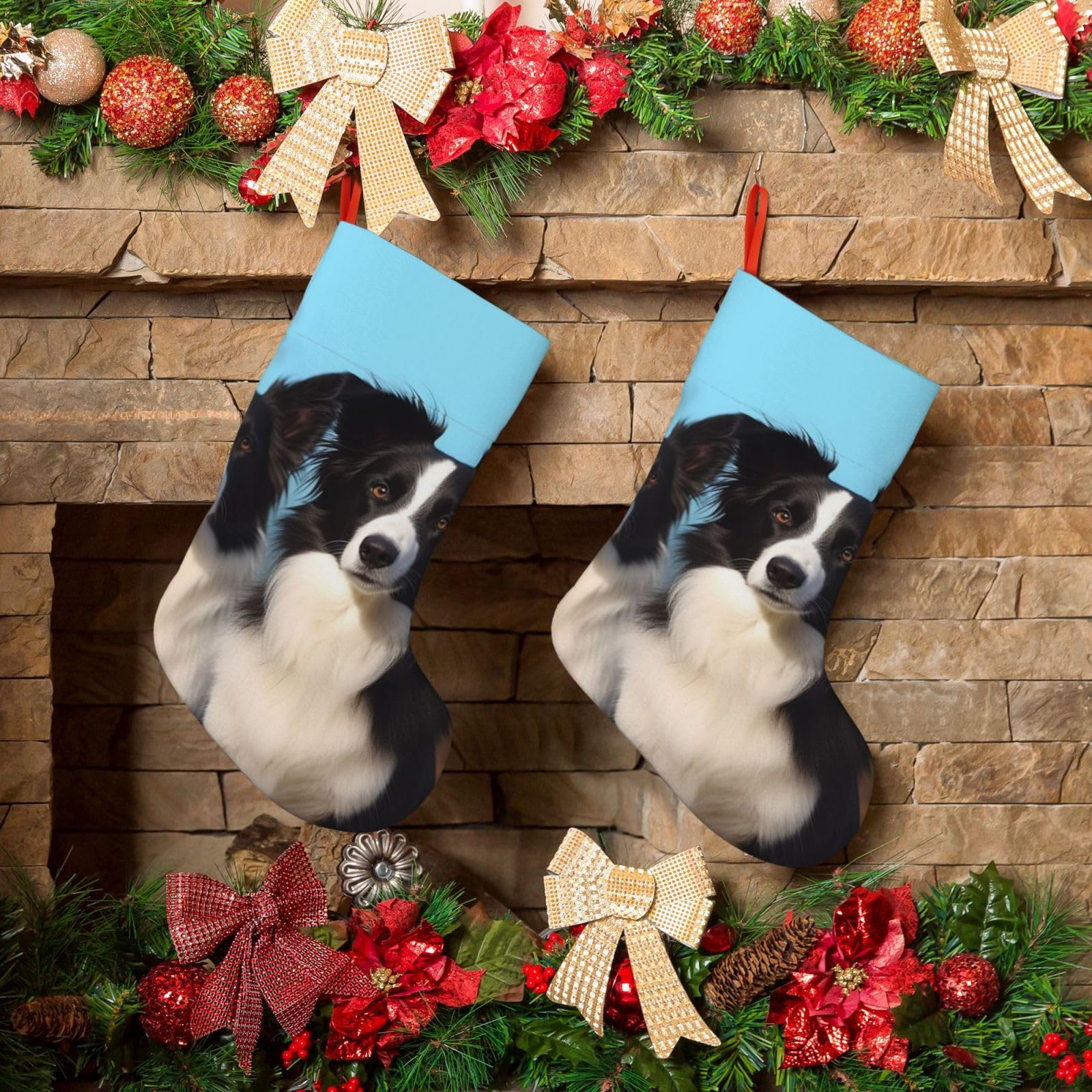 KLOPH Christmas Stockings 18" Personalized Xmas Stocking Border Collie Decoration Stocking Hanging Fireplace Stocking for Holiday Xmas Tree Christmas Fireplace Decor