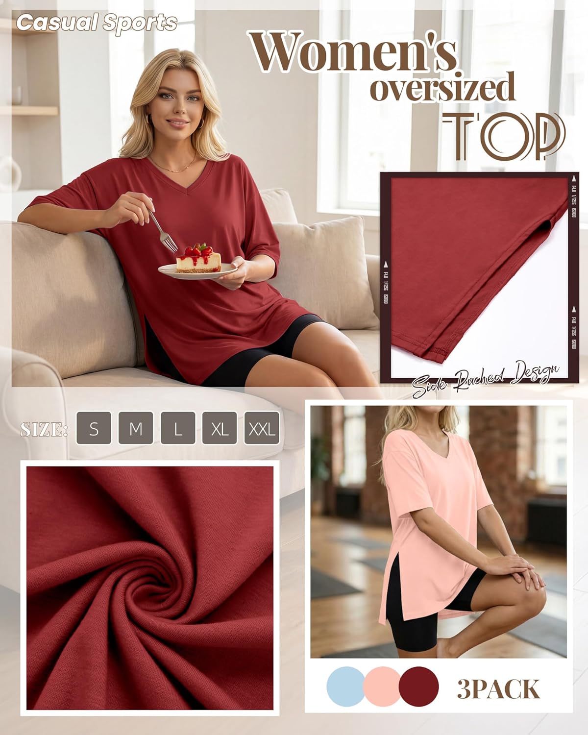 Huukeay 3 Pack Oversized Shirts for Women V Neck Workout T Shirt Casual Side Split Tee Short Sleeve Loose Tops Tunic Tops - Image 4