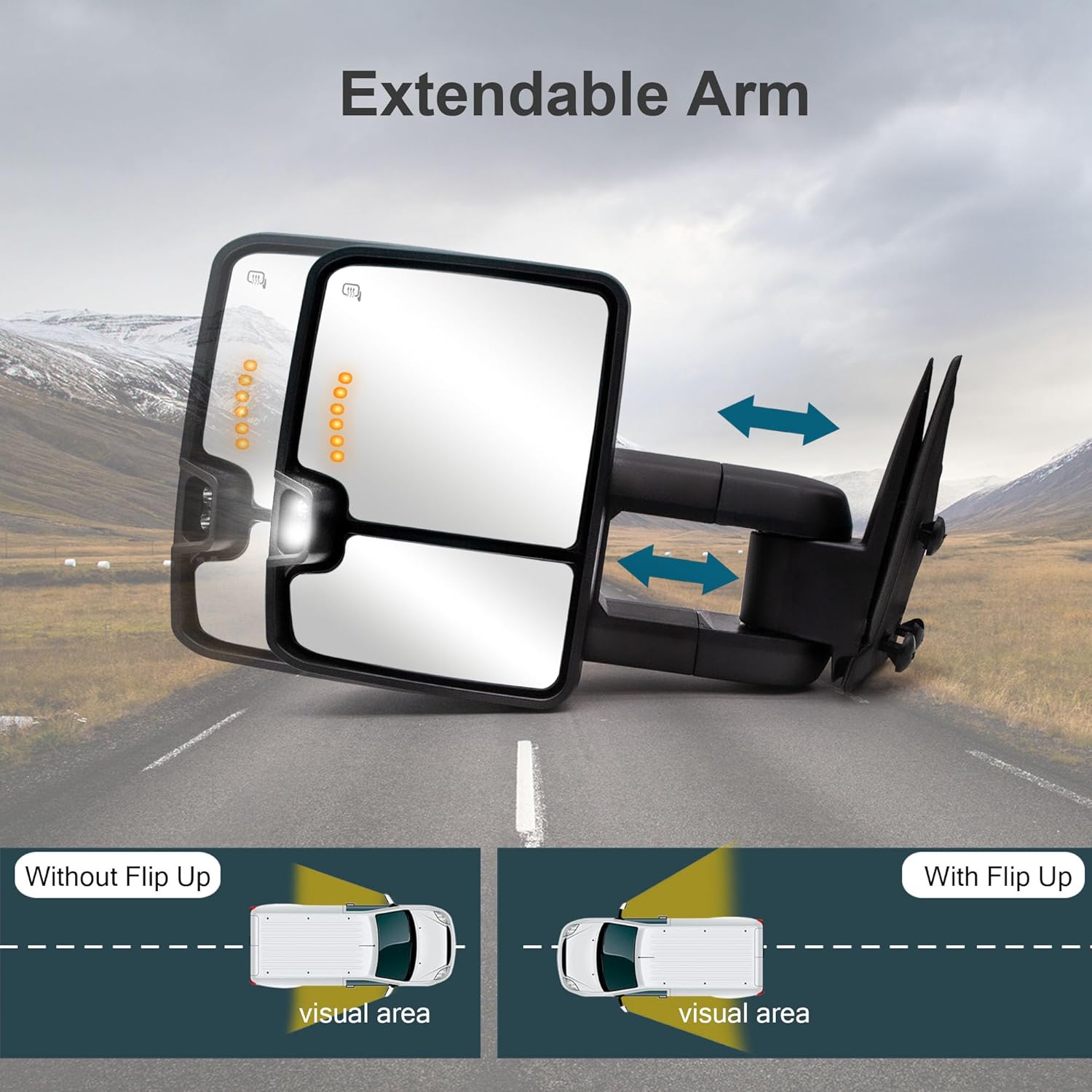 Towing Mirrors Fit For 2003-2006 Chevy Silverado 1500 2500 3500 GMC Sierra Yukon Tahoe Power Heated Turn Signal Light Arrow Lamp Manual Flip Up LH RH Tow Mirrors Chrome