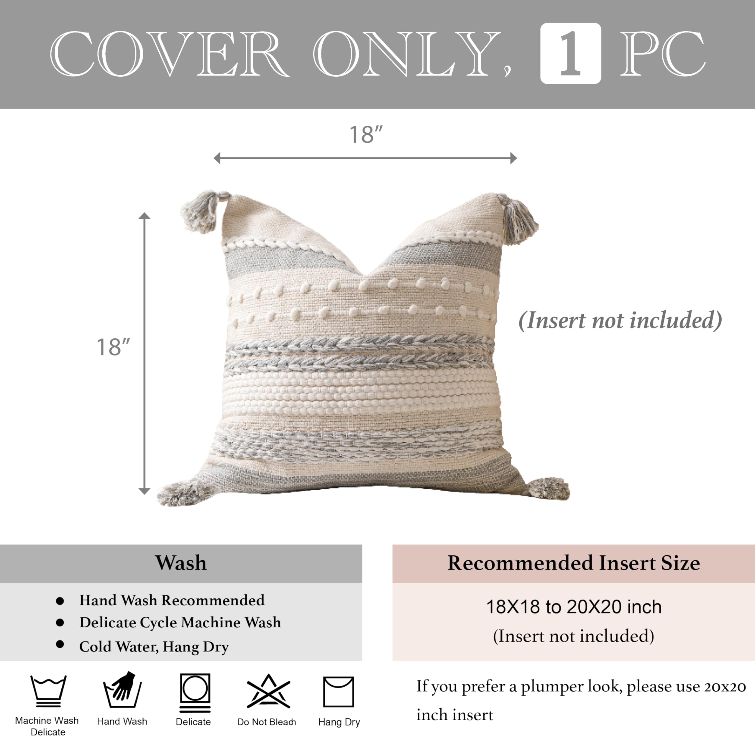 BlissBlush Boho-Kissenbezug, dekorativ, quadratisch, Landhaus-Akzentkissen für Couch, Sofa, Wohnzimmer, Schlafzimmer, modernes Heimdekor, 45,7 x 45,7 cm, Grau, 1 Stück
