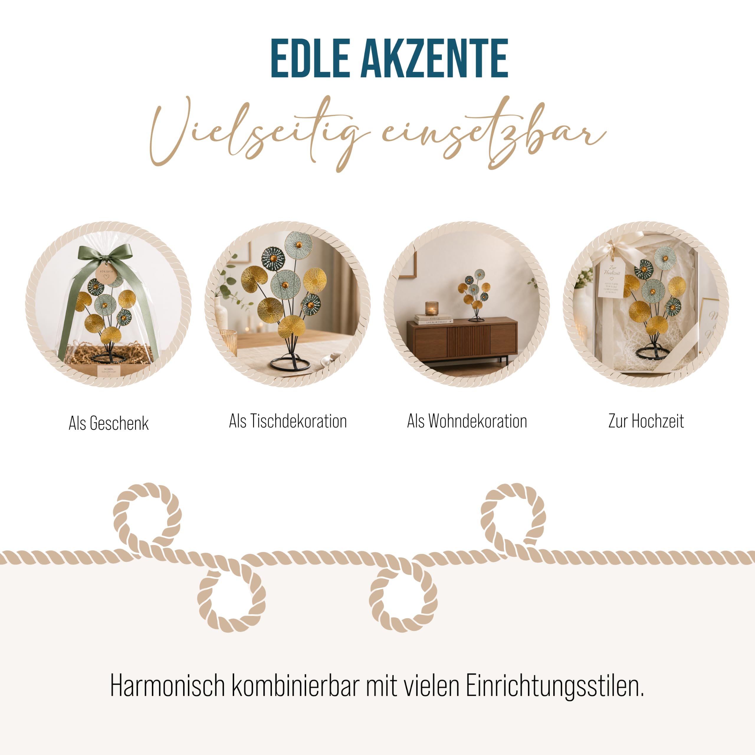 Logbuch-Verlag Dekoobjekt Metall Blumen 53 cm zum Hinstellen - Skulptur Blätter Baum in Gold Türkis Schwarz - Tischdeko Wohnzimmer Geschenk Geburtstag Hochzeit