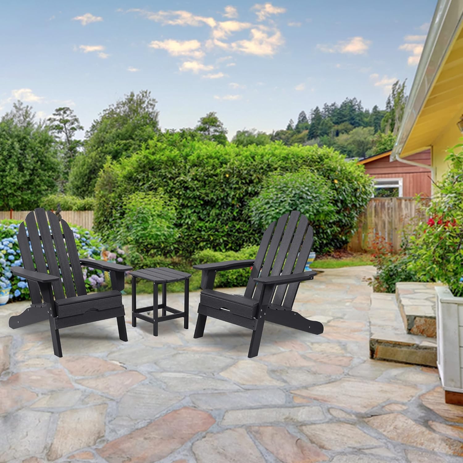 LZRS 3-Piece Adirondack Chair and Table Set, Ergonomic Design, Polyethylene Outdoor Patio Chair with Side Table Easy Maintenance & Weather Resistant for Backyard, Garden,Pool,Deck,Grey : Patio, Lawn & Garden