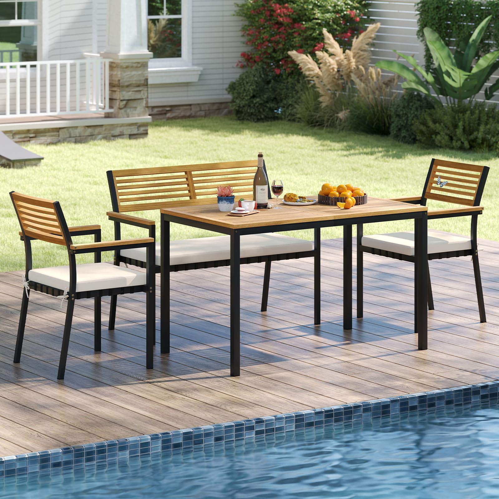 COSTWAY Gartenmöbel Set, Terrassenmöbel inkl. Gartentisch mit Schirmloch, Sitzbank & 2 stapelbare Gartenstühle mit Kissen, Sitzgruppe für 4 Personen, Gartengarnitur, Sitzgarnitur, Outdoor Essgruppe