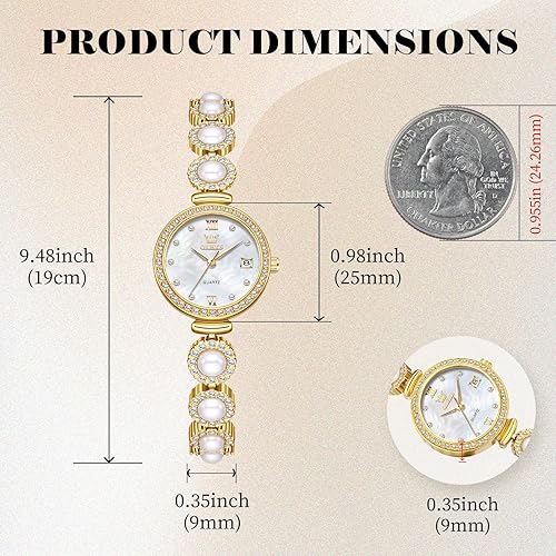 Miniatura 5 de OLEVS Reloj de pulsera analógico de lujo con cara pequeña para mujer, delicado e impermeable con perlas y diamantes, reloj para mujer con fecha,