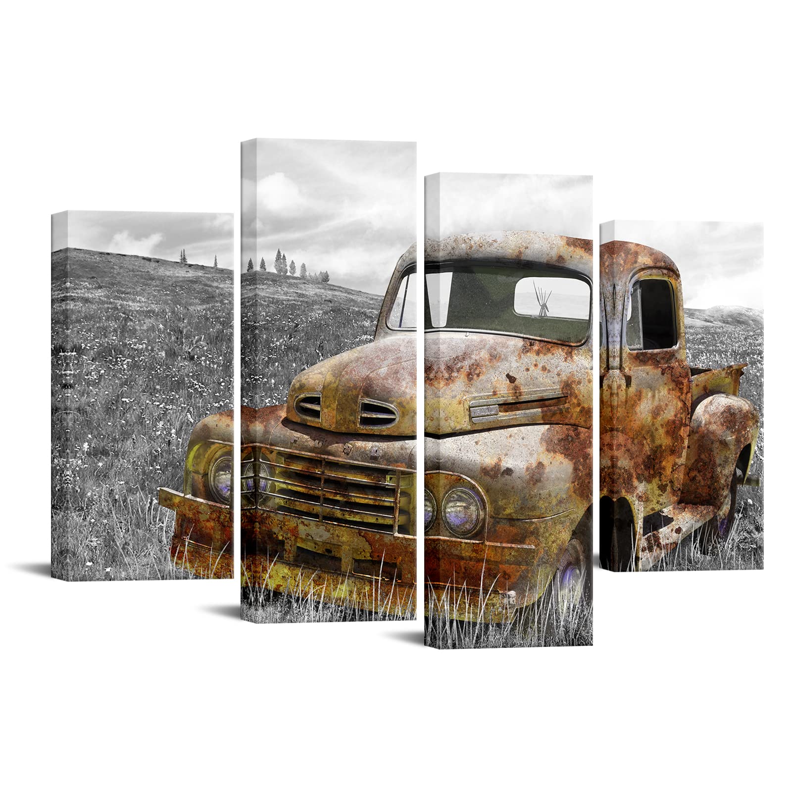 Zlove Large Car Canvas Wall Art, Rustic Farmhouse Wall Decor - Old Big Truck Car Posters Framed for Bedroom Living Room Office, 4Pcs