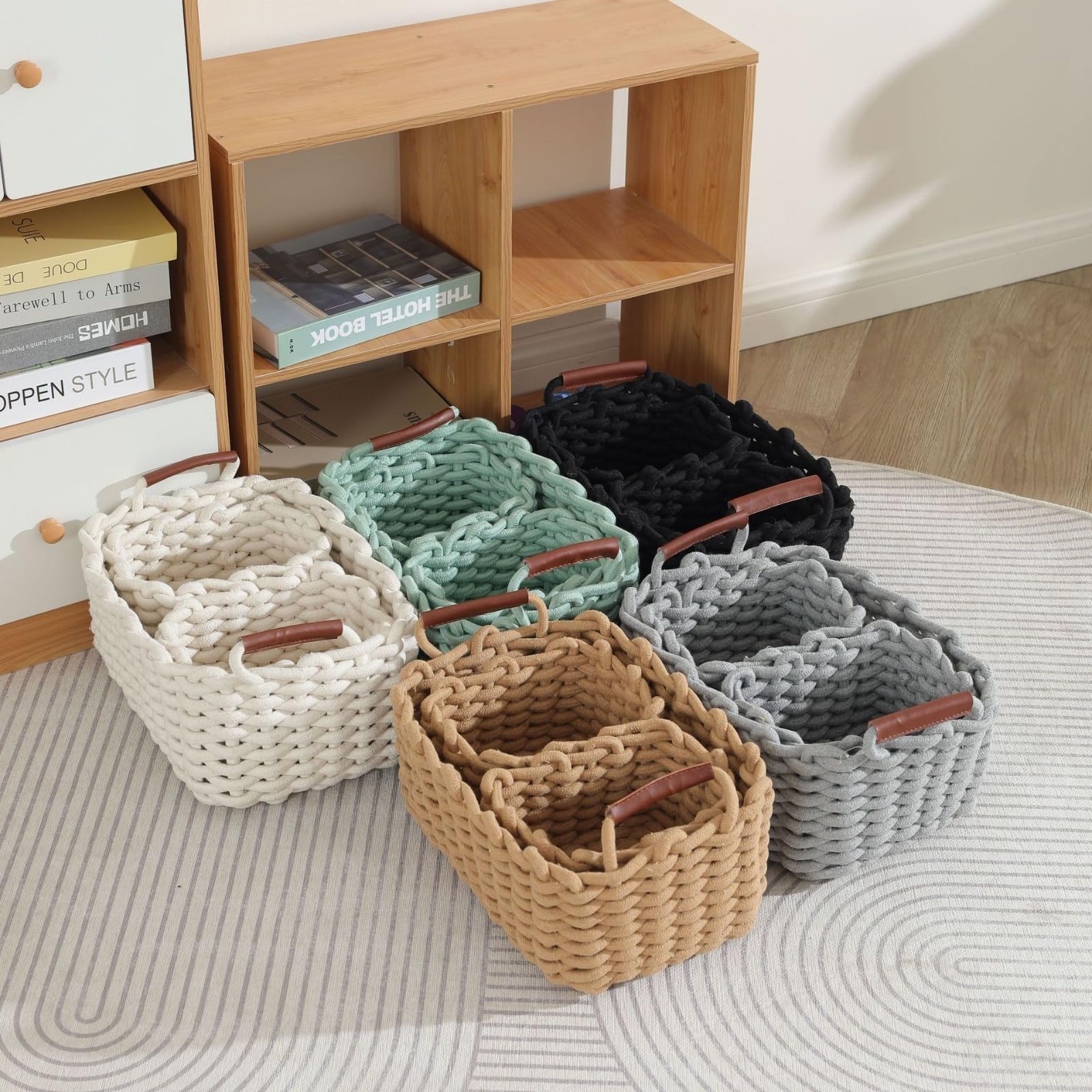 3 Cestini in cotone intrecciato, Cestini portaoggetti bagno, Cestino di stoccaggio portatile in corda di cotone, Piccoli cestini per fasciatoio, Organizer per calze, asciugamani, chiavi, gioielli