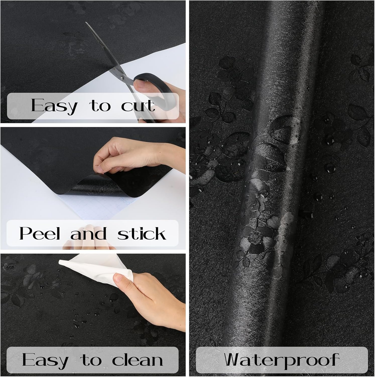 Black Floral Wallpaper, 17.7 x 118 in Peel and Stick Waterproof Self Adhesive Wall Paper, Removable Vintage Black Floral Embossed Contact Paper for Cabinets Drawers Kitchen Countertop Wall