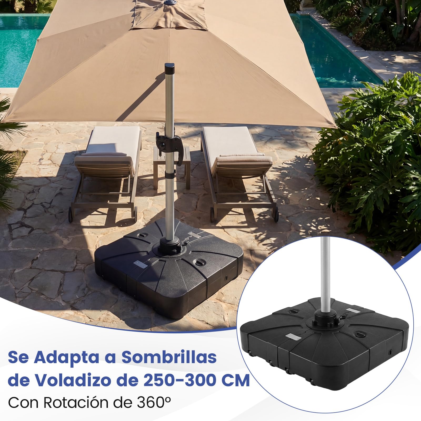 COSTWAY Base para Sombrilla con Ruedas, Soporte para Sombrillas de Patio de Alta Resistencia, Base Cuadrada Rellenable de Agua y Arena, Pie Portátil para Parasol para Terraza, Jardín, Piscina (170 kg)