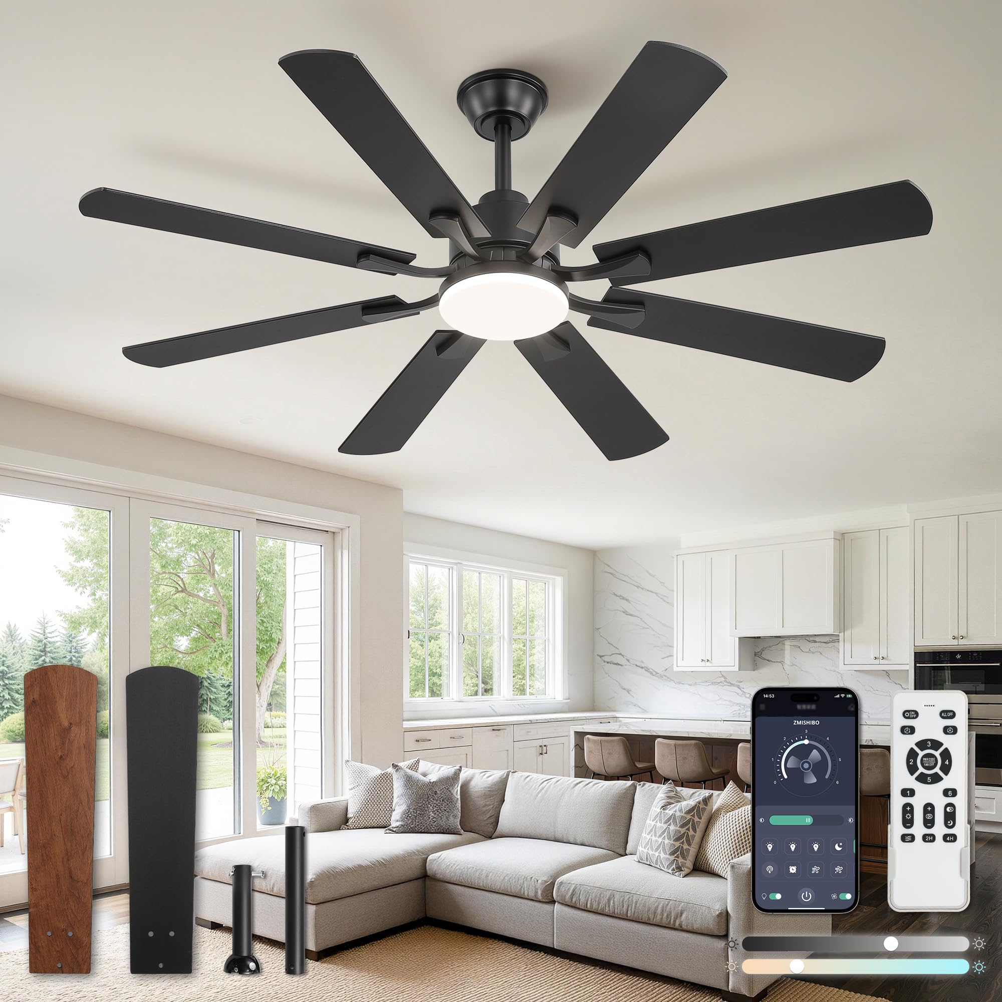 Photo 1 of ZMISHIBO 52 inch Ceiling Fan with Light and Remote, 8 Blades Ceiling Fans with 20W LED Light, Quiet DC Motor, 6 Speeds, Stepless Color Temperature Change & Dimmable, for Bedroom Living Room, Black