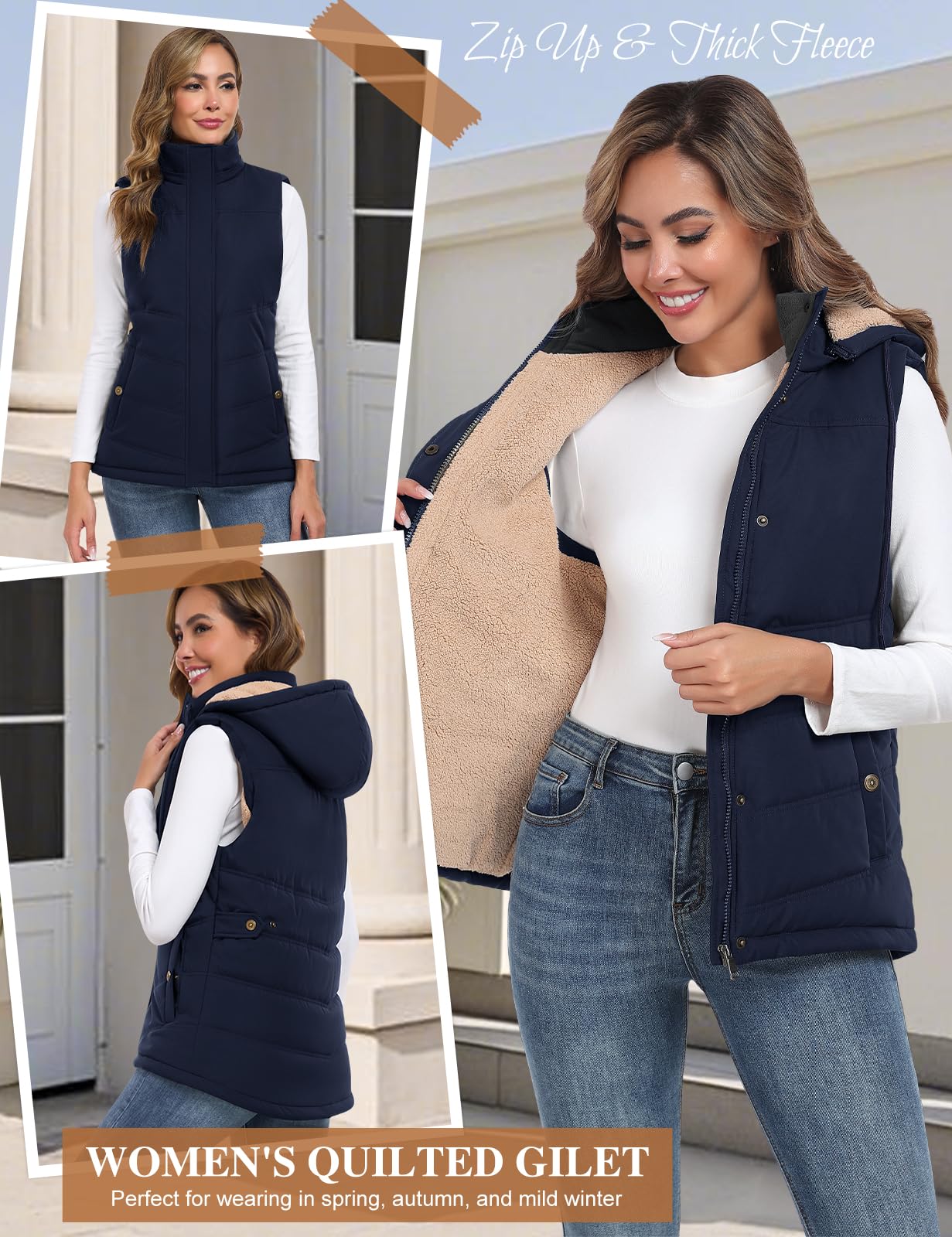 Chaleco Mujer Invierno Térmico Acolchado Chaqueta sin Mangas Forro Polar con Capucha Bolsillos