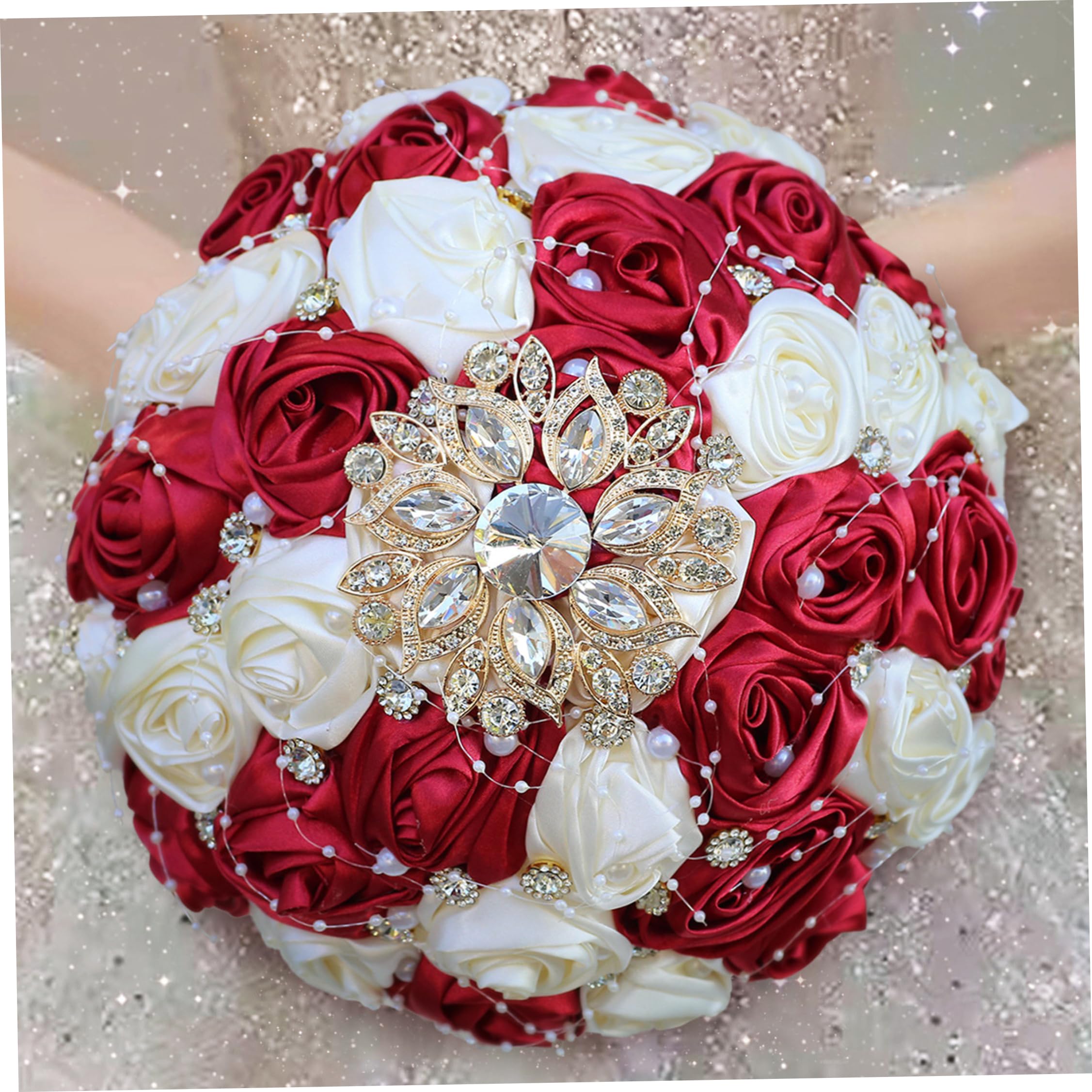 Fiori artificiali, bouquet da sposa, lussuoso bouquet da sposa con nastro rosa con strass e perle per la e la damigella d'onore, 9x10 pollici