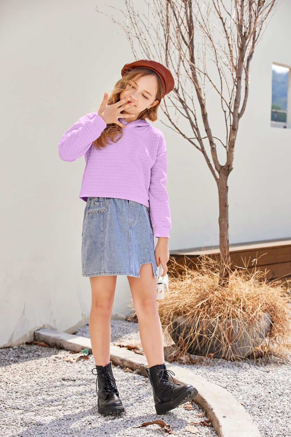 Arshiner Girls 2 Piece Outfit Waffle Knit Hooded Sweatshirt and Sweatpants
