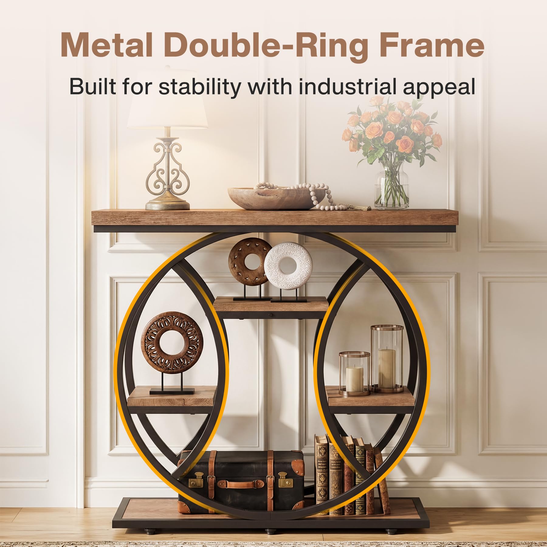 Tribesigns 41.3" Console Table, 4-Tier Industrial Sofa Table with Circular Metal Frame & Storage Shelves, Narrow Entryway & Hallway Table, Rustic Brown Modern Design